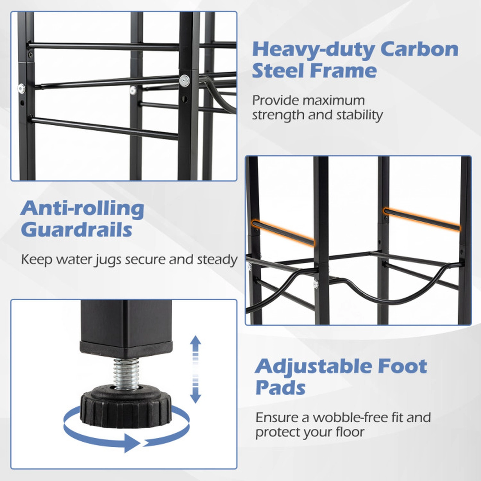 SUGIFT Space-Saving 4-Bottle 5 Gallon Water Jug Holder Metal Shelf Rack 44-lb Top Shelf Capacity 26-in Frame Black