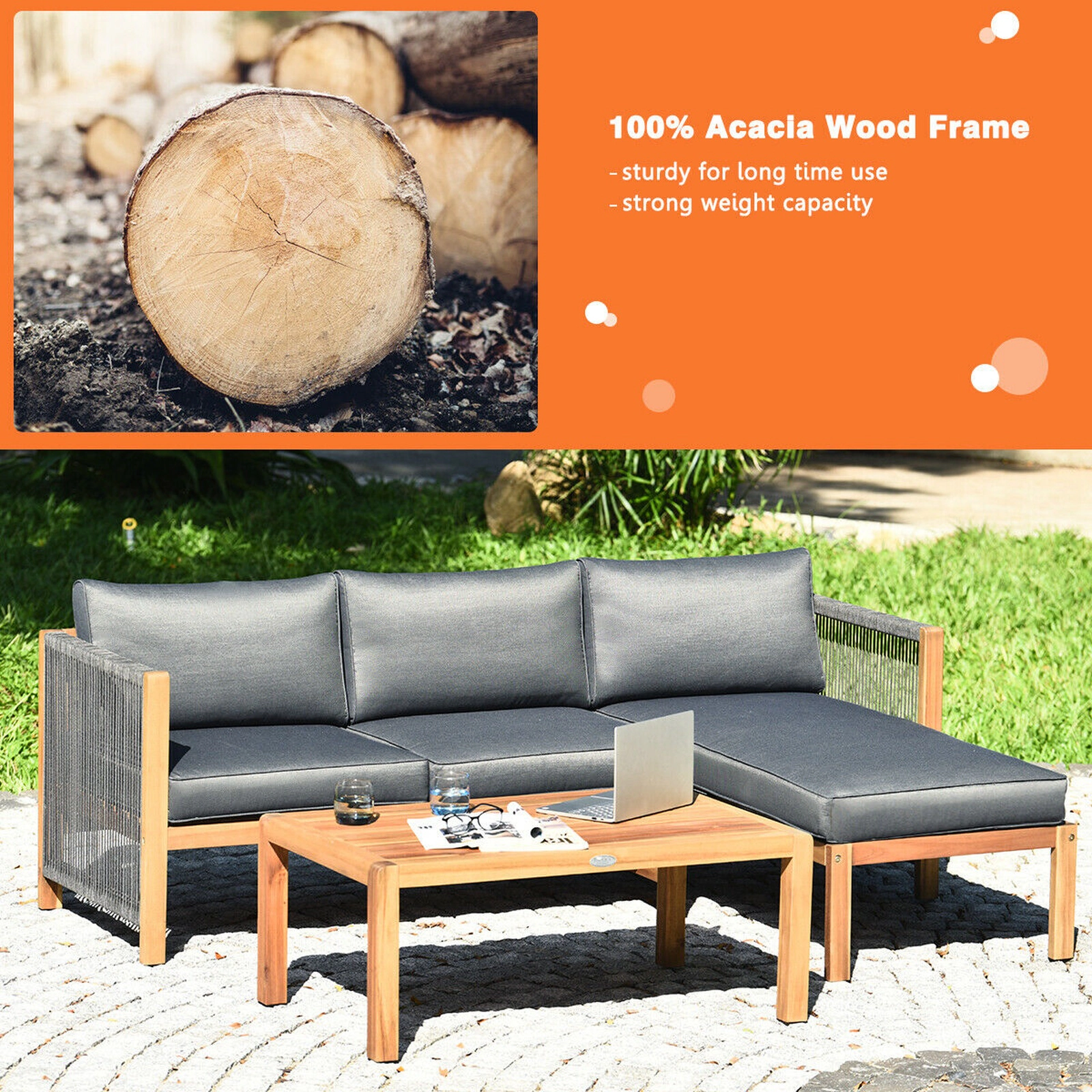 SUGIFT Chaise Lounge and Coffee Table 3-Piece Acacia Wood Patio Sofa Set