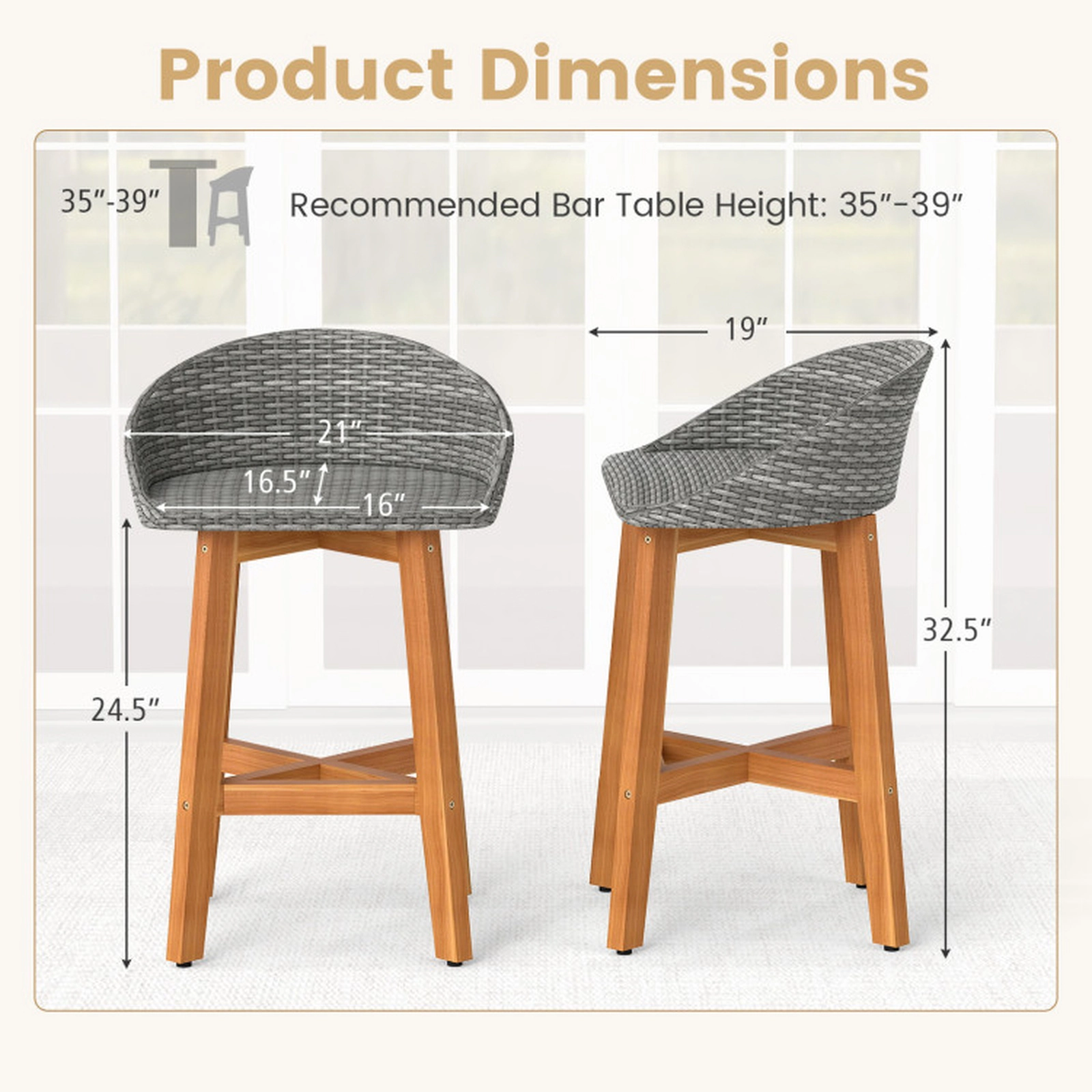 SUGIFT Acacia Wood Legs and Footrest 400-lb Set of 2 Outdoor Faux Rattan Bar Stools