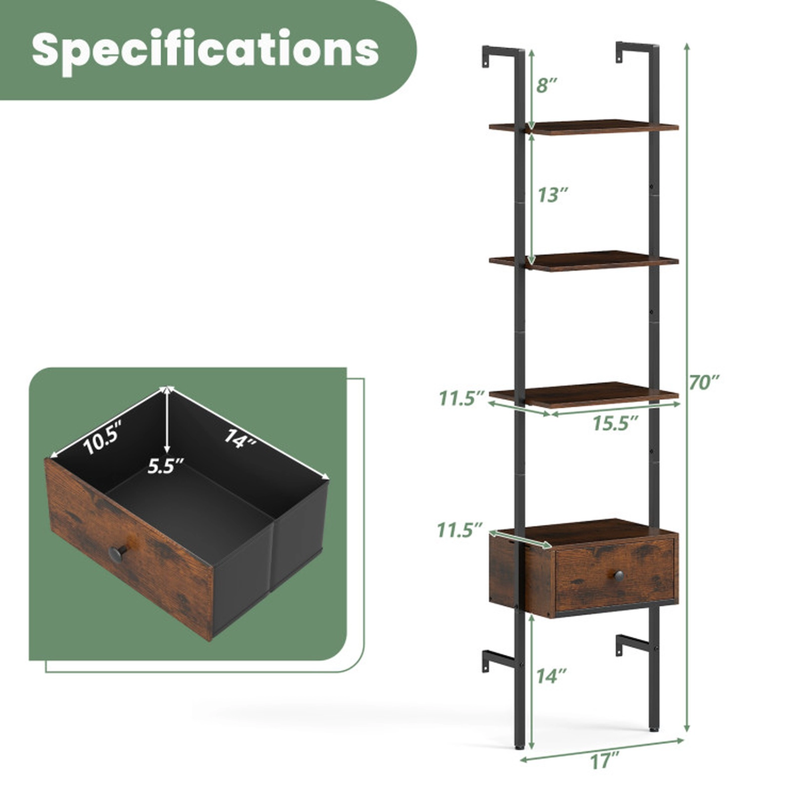 SUGIFT 5-Tier 70-in Tall Ladder Shelf Bookshelf with Storage Drawer Powder-Coated Frame and 4 Toppling Kits