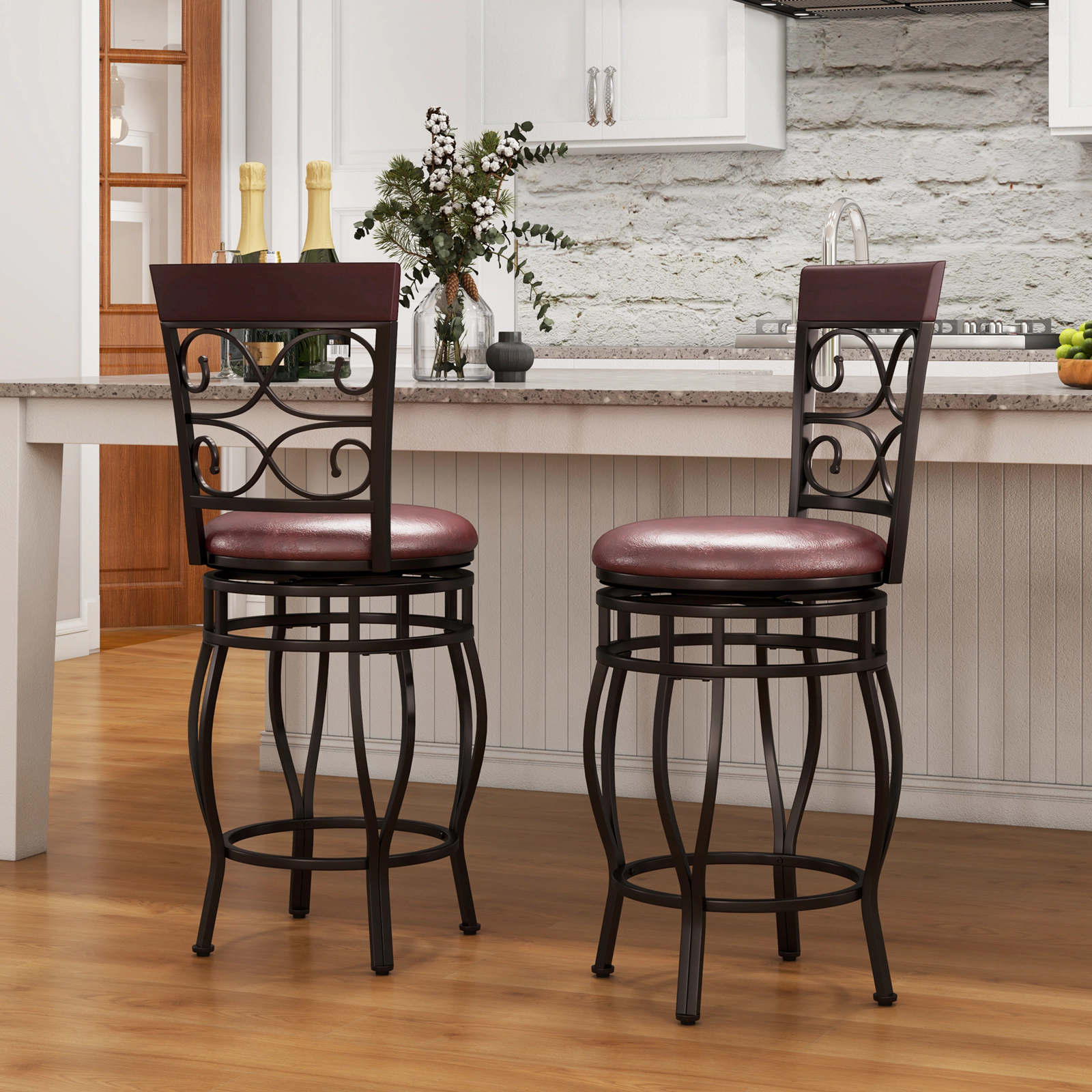Glintex 2-Piece 26-Inch Counter Stool Set with Backrest and Footrest, Cherry+Brown