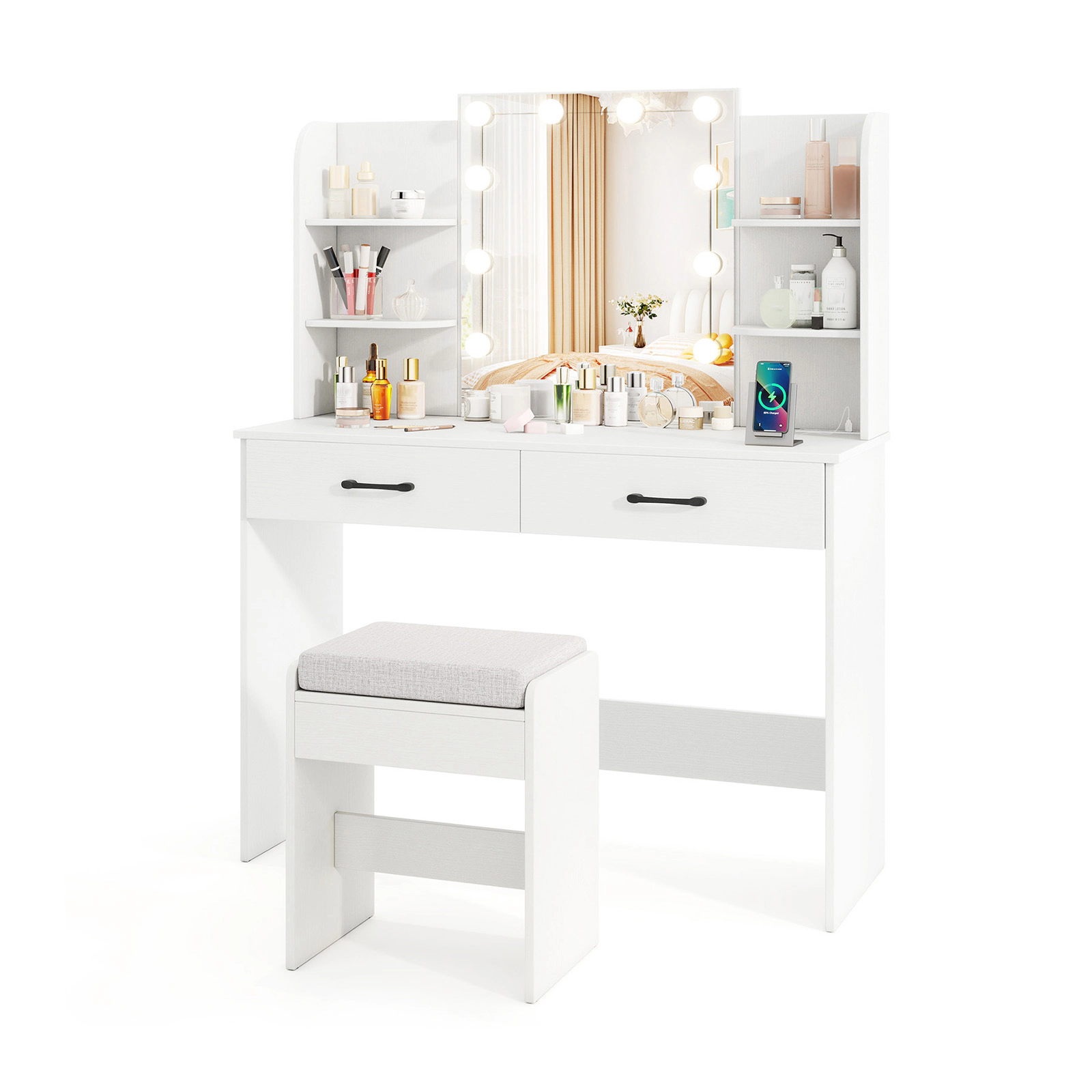 SUGIFT Lighted Mirror Vanity Set with Power Outlet and Stool 154-lb Tabletop Capacity White