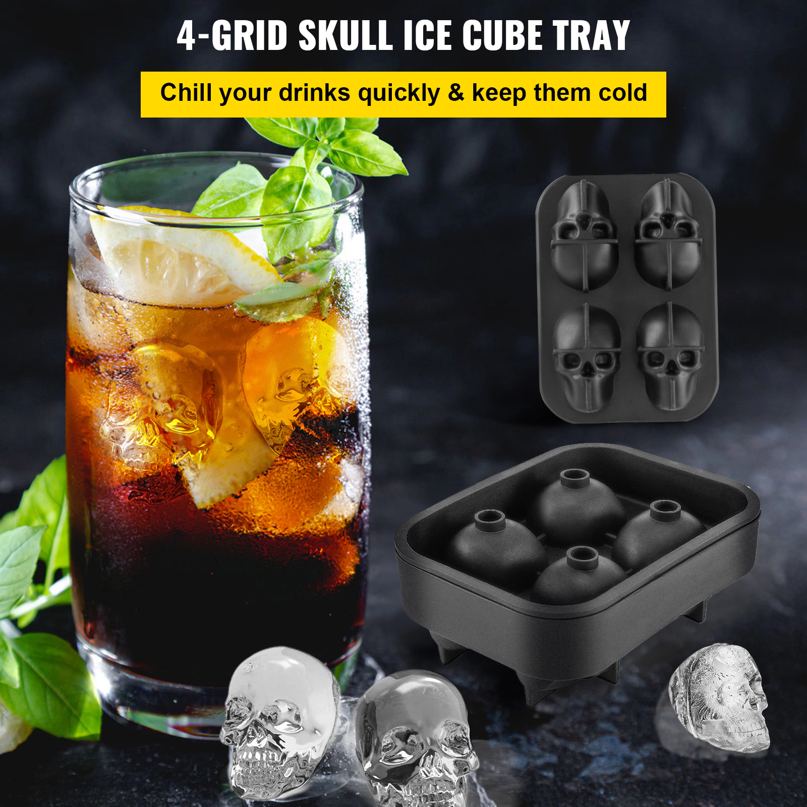 HONGGE Skull Ice Cube Tray, Skull Ice Ball Maker, Flexible Black Silicone Ice Tray with Lid & Funnel