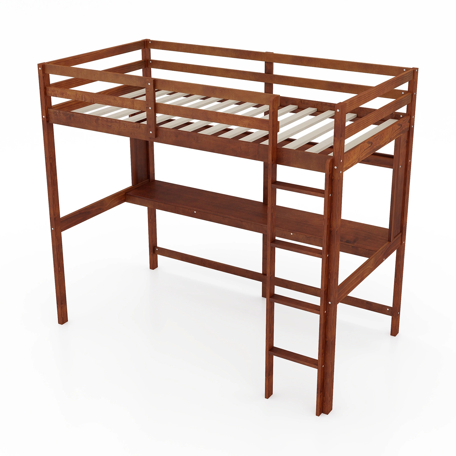 SUGIFT Brown Full-Length Desk and Guardrail Twin Size Kids Solid Wood Loft Bed