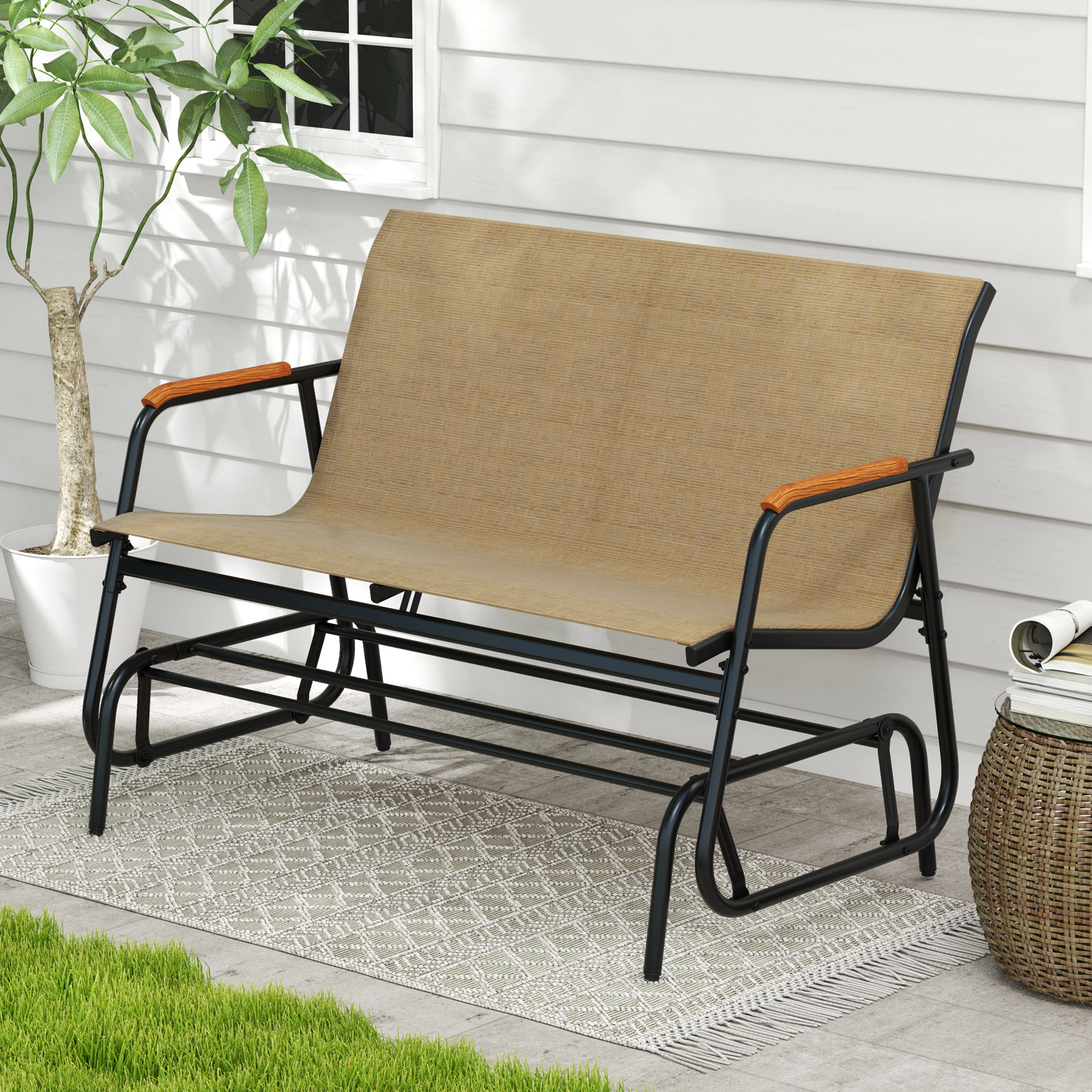 LJG Patio Glider Bench with Curved Teak Armrests and Breathable Fabric Seat for 2 People