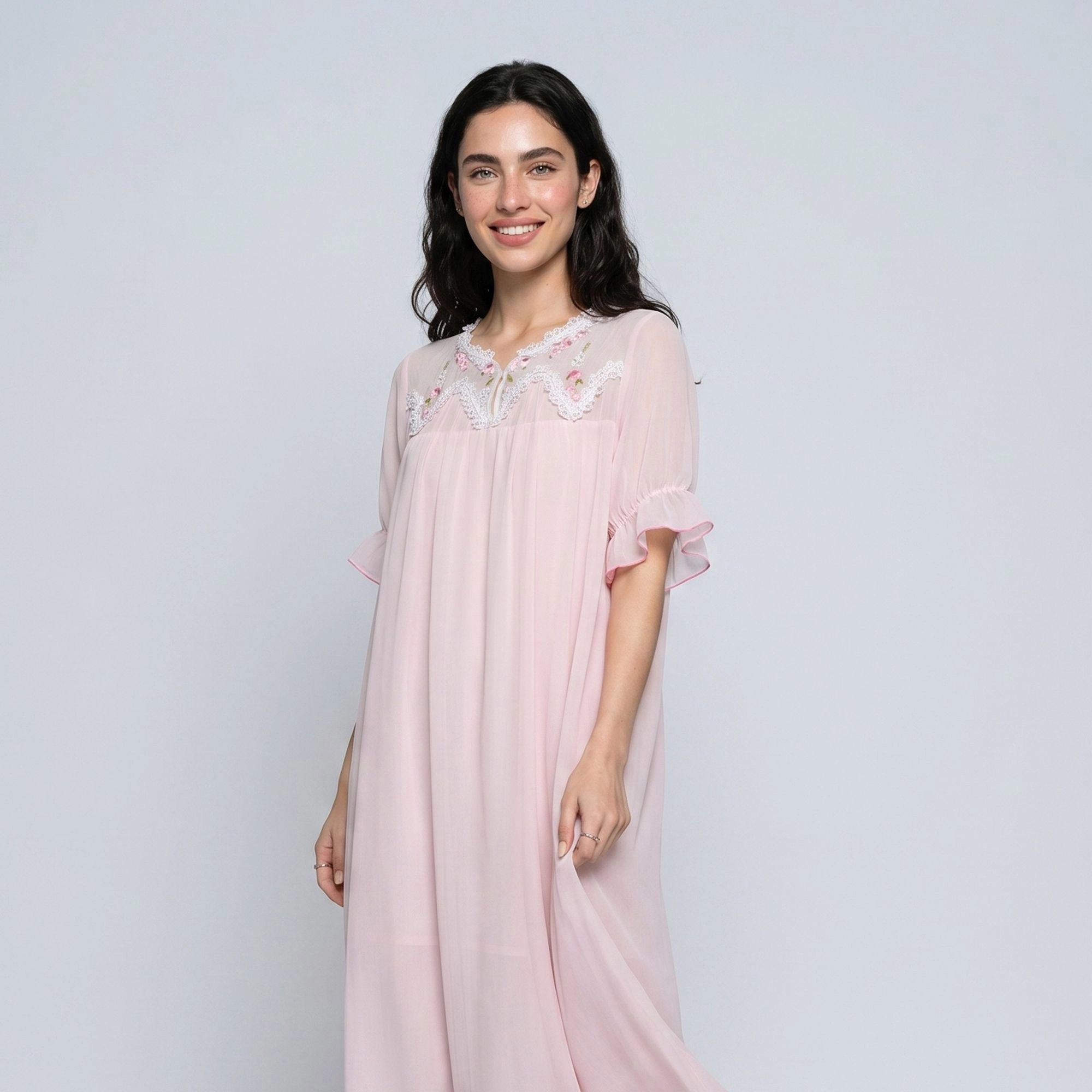 Anna-Kaci Women's Short Sleeve Nightgown with Embroidered Collar and Ruffle Cuffs