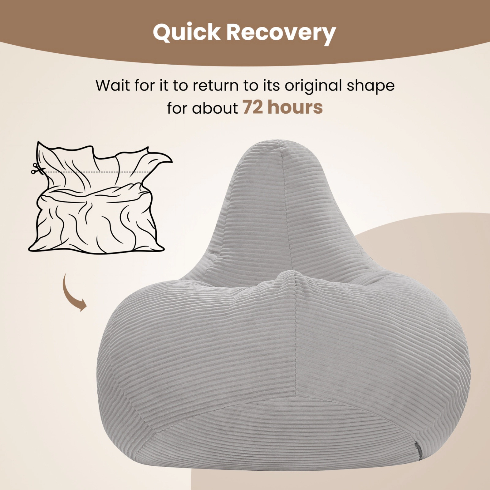 SUGIFT Gray 35-In Corduroy Bean Bag Chair with Shredded Sponge Filling