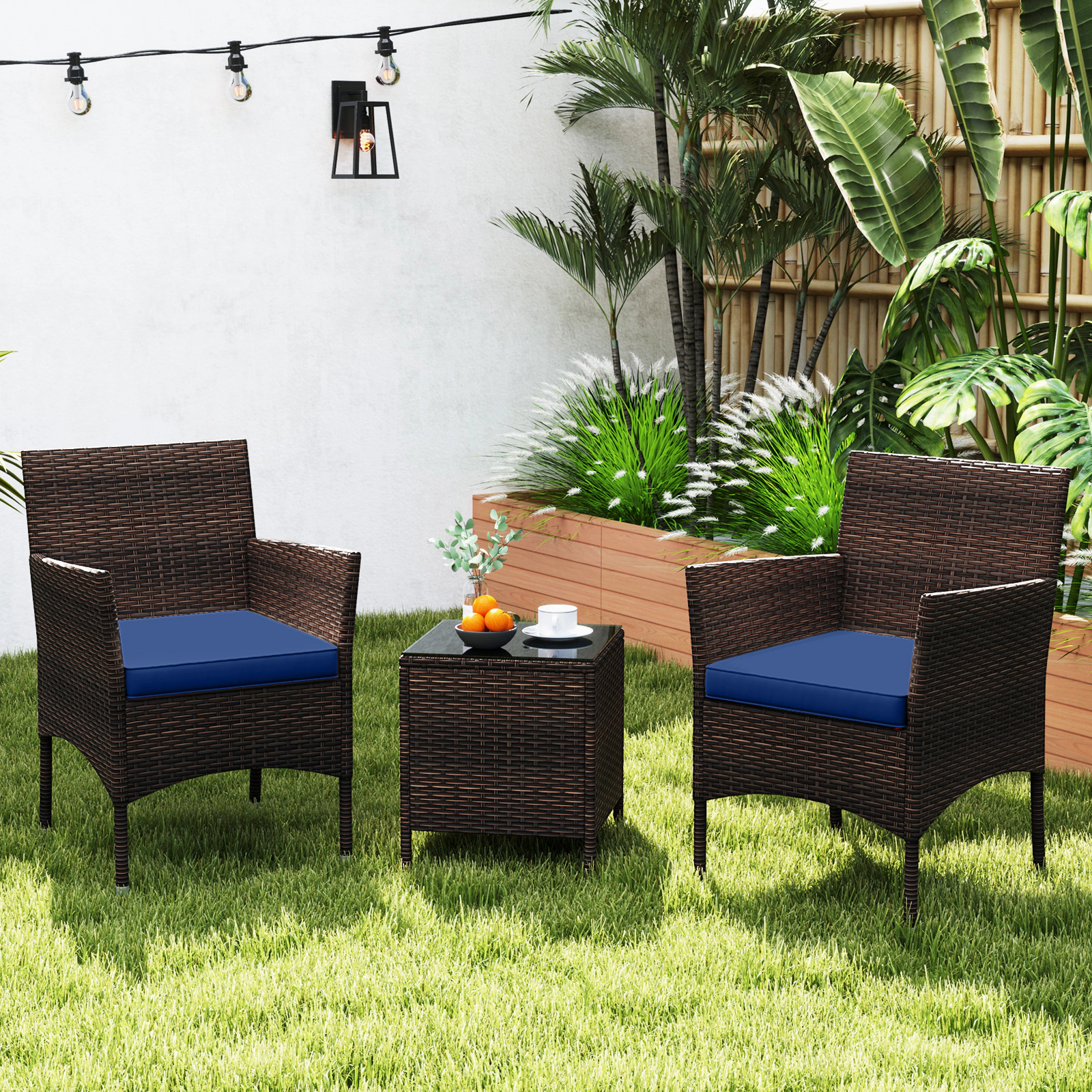 SUGIFT Outdoor Conversation Set Cushioned Seats & Glass Tabletop 400-lb Chair Capacity Mix Brown Rattan Navy Cushions