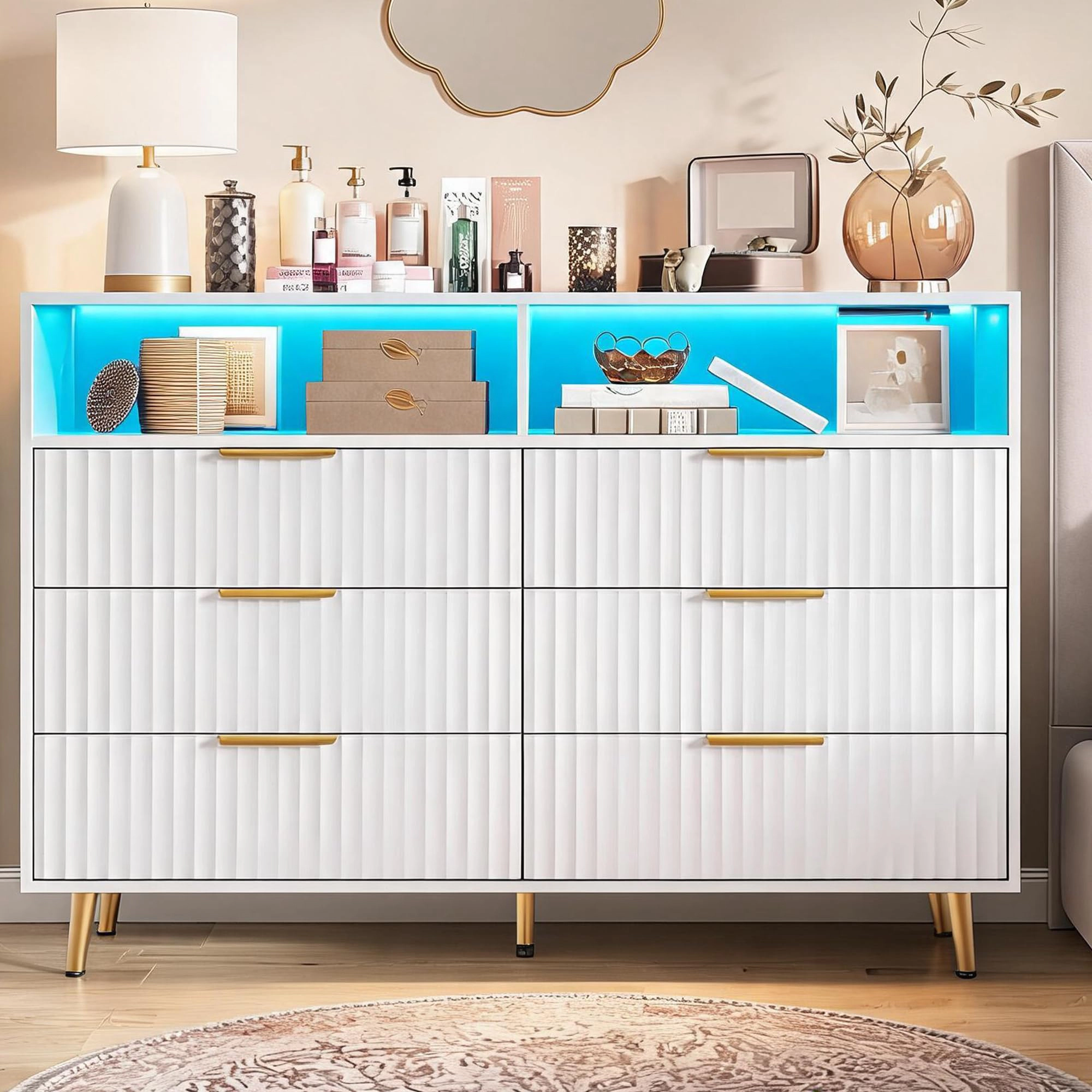 Drawer Fluted Dresser with Charging Station and RGB LED Lights