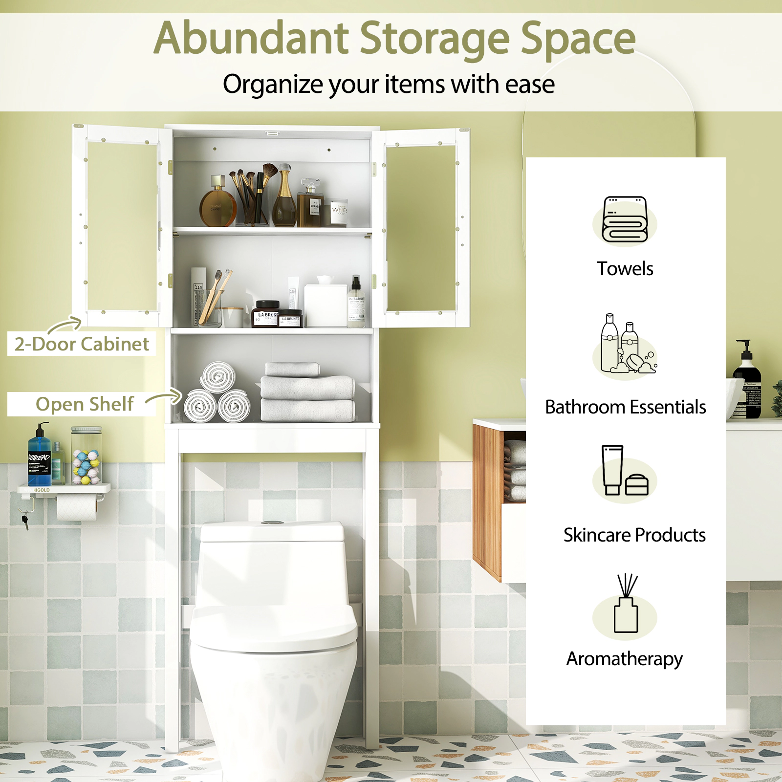 SUGIFT Over the Toilet Storage Cabinet White 67 in with Frosted Glass Doors and Adjustable Shelf