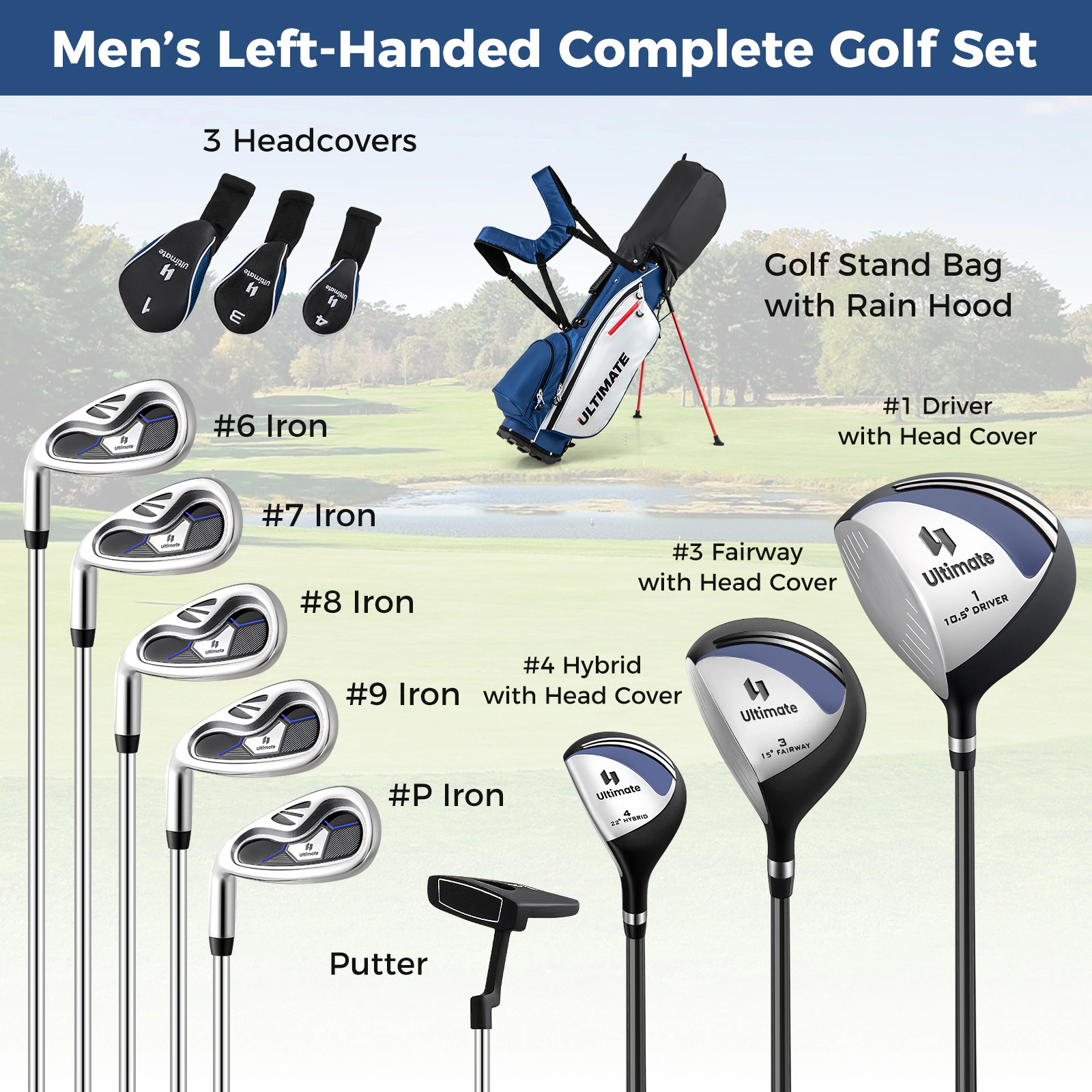 LJG Mens Left-Handed Complete Golf Clubs and Bag Set Portable Lightweight Golf Stand Bag