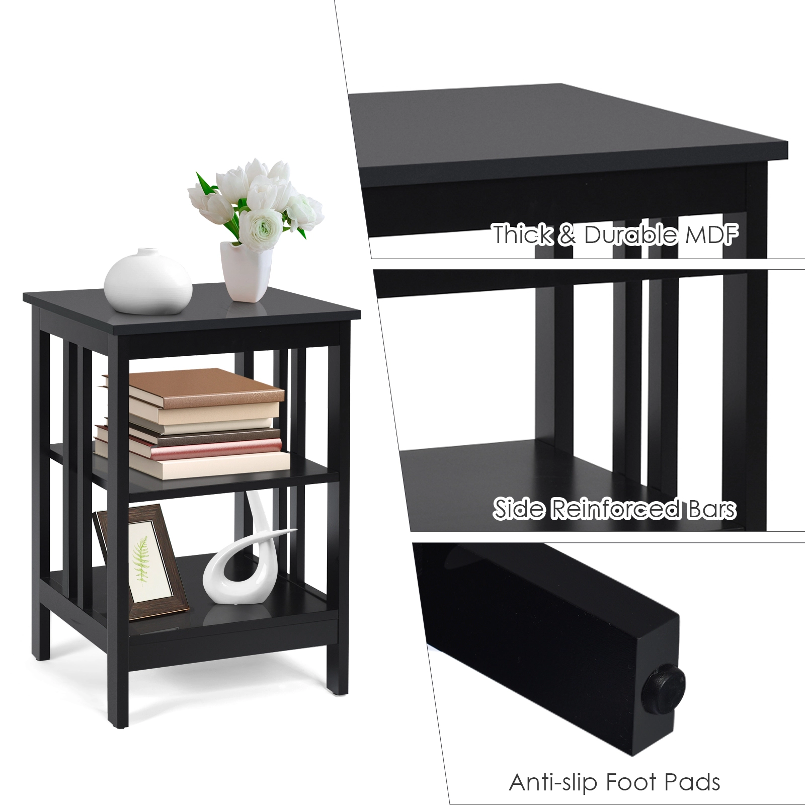 SUGIFT 16 in Nightstand Black 3-Tier Side Table with Baffles and Rounded Corners