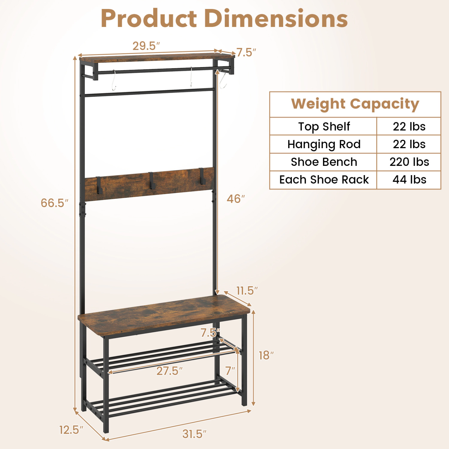 SUGIFT 4-in-1 Hall Tree Coat Rack with Shoe Bench and Removable Hooks 220-lb Bench Capacity Rustic Brown + Black