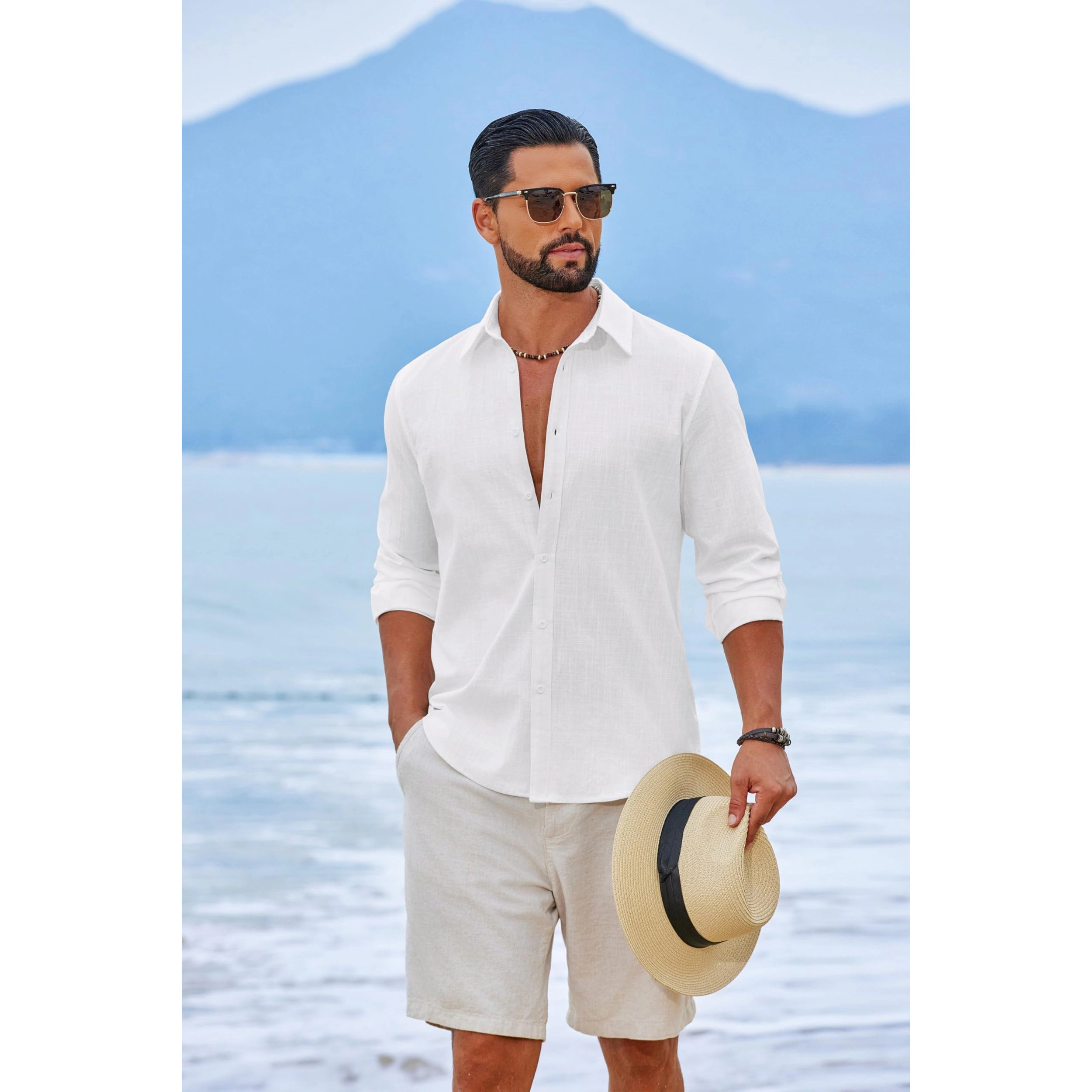 COOFANDY Men's Regular Fit 3/4 Sleeve Collar Neck Button Front Shirt