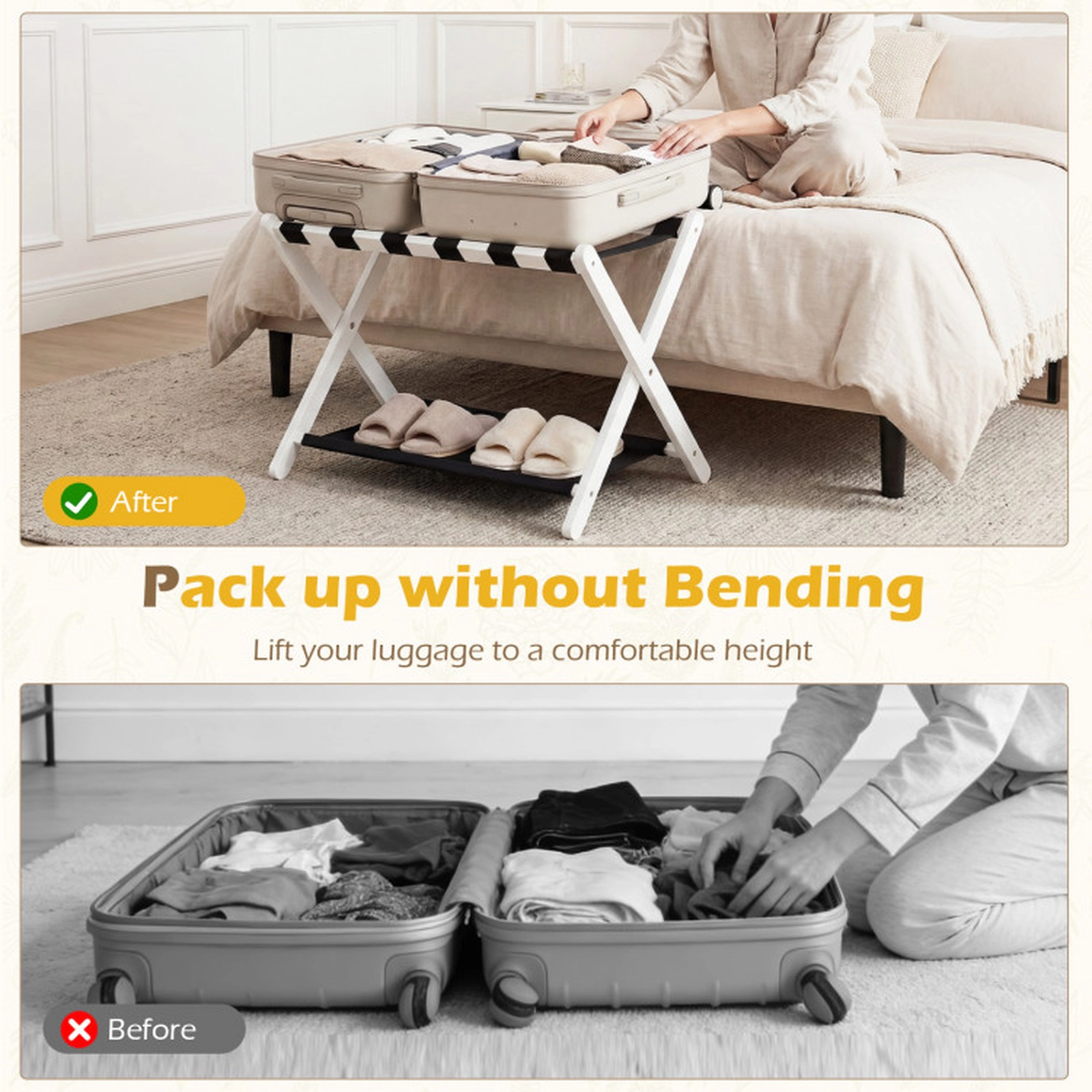 SUGIFT Solid Rubberwood Folding Luggage Rack with Nylon Shelves 110-lb Upper Layer and 22-lb Bottom Capacity White