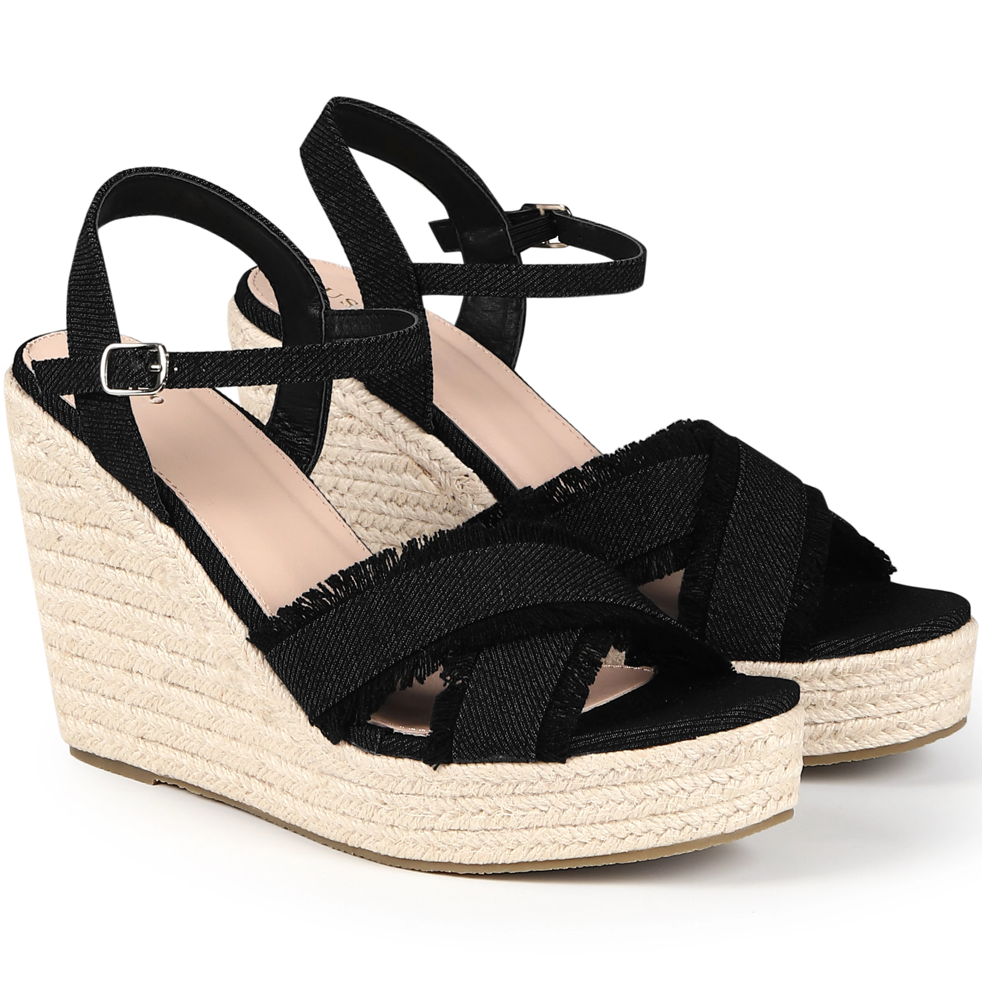 BLISSFUL STEP Women's Denim Slingback Platform Wedge Heel Sandals