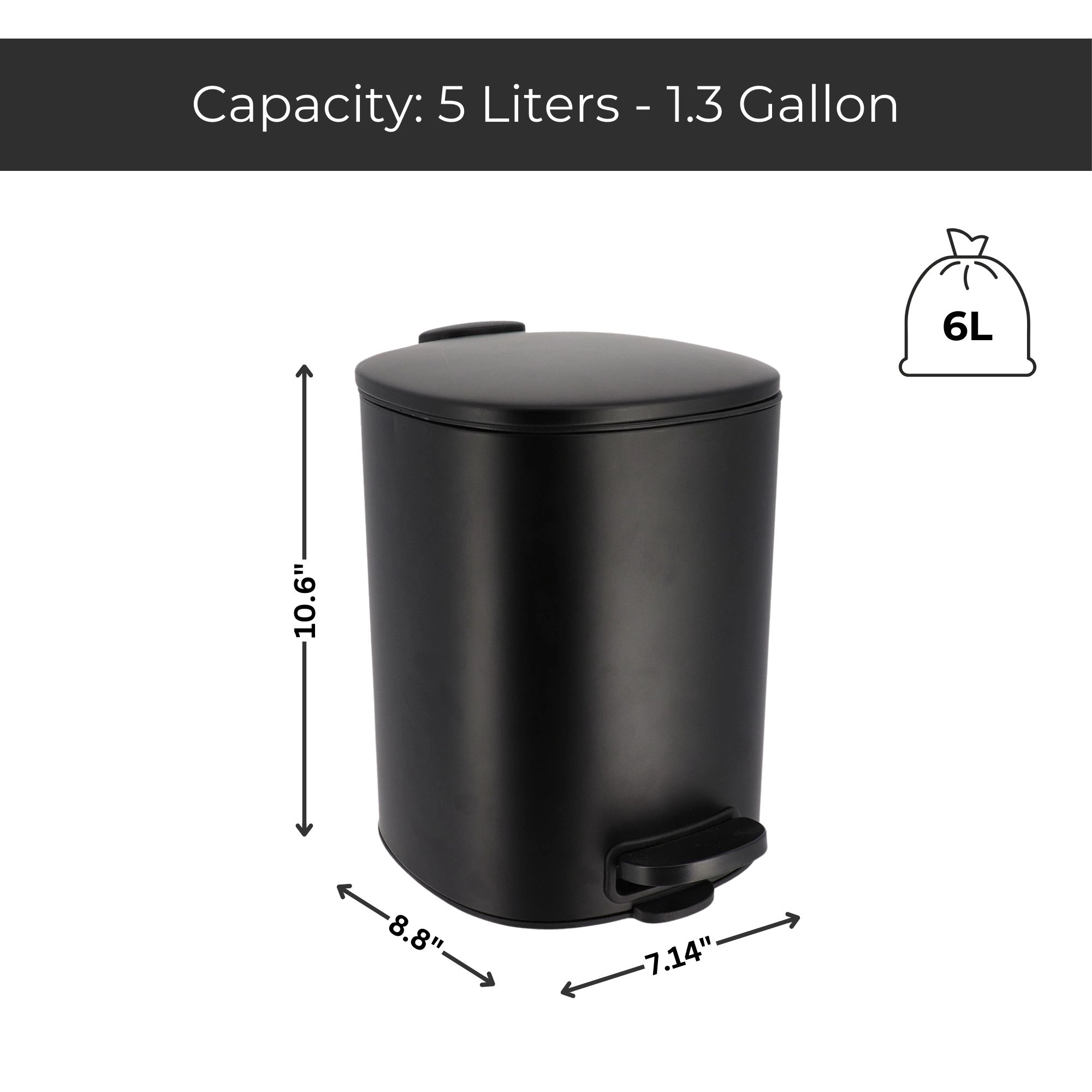 Evideco French Home Goods 5L Metal Step Trash Can - Soft-Close Lid, Removable Inner Bucket