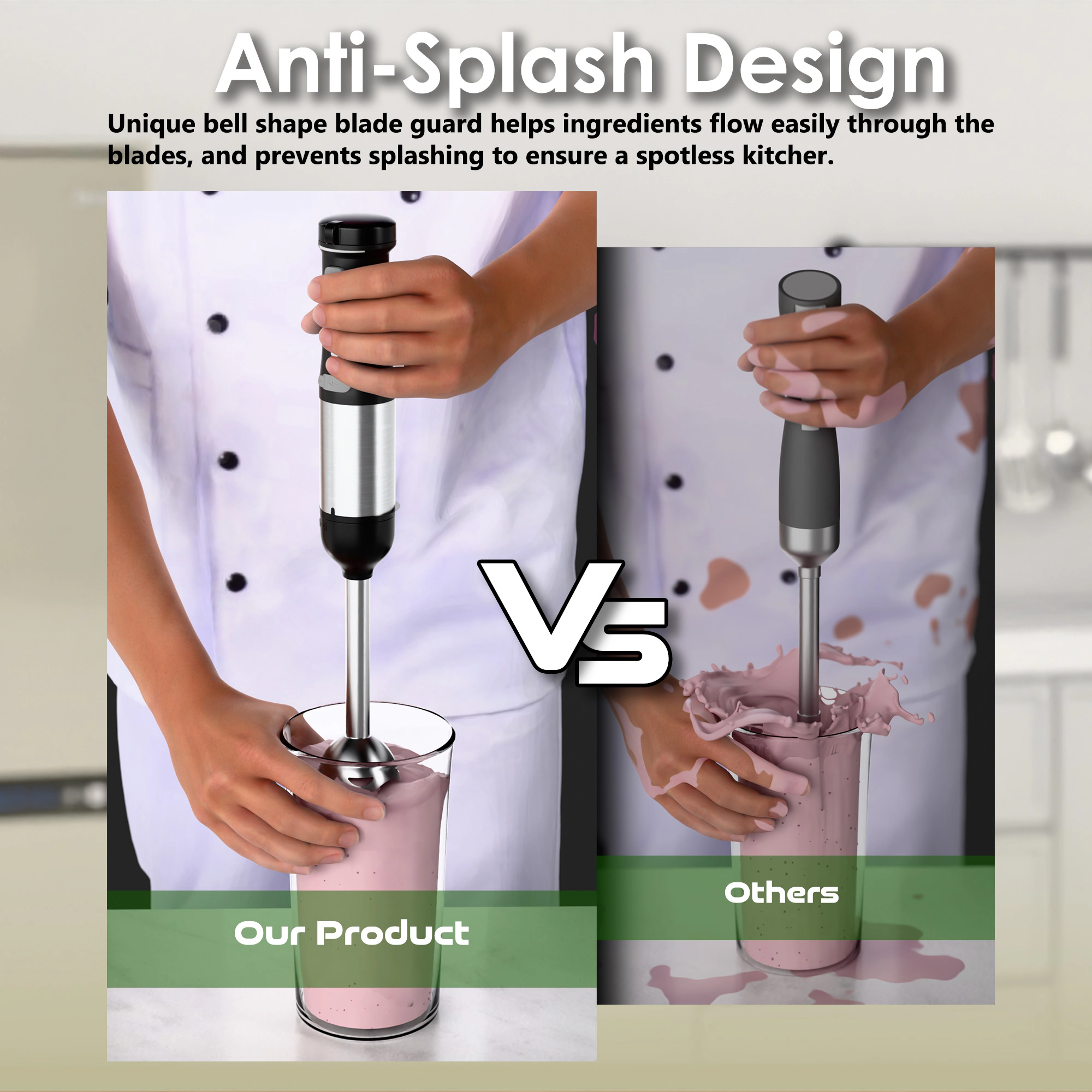 WHALL Cordless Immersion Hand Blender, 5-in-1 Rechargeable Stick Blender with Variable Speed, Stainless Steel Blade