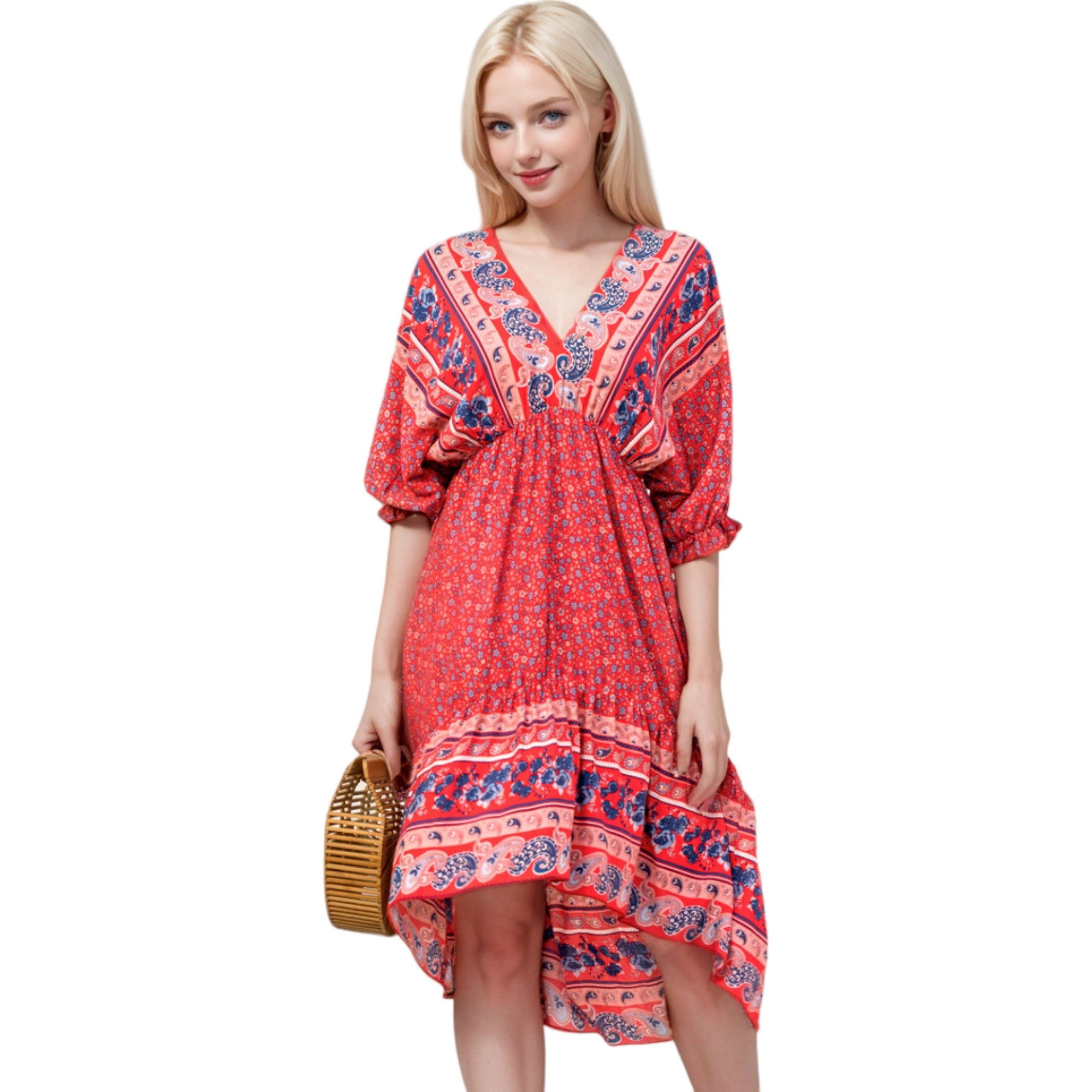 Anna-Kaci Women's Mixed Print Asymmetrical Hem Dress