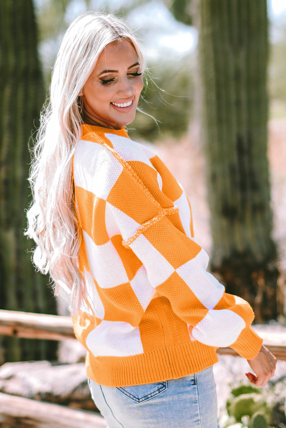 Threaded Pear Women's Ashley Checkered Bishop Sleeve Sweater
