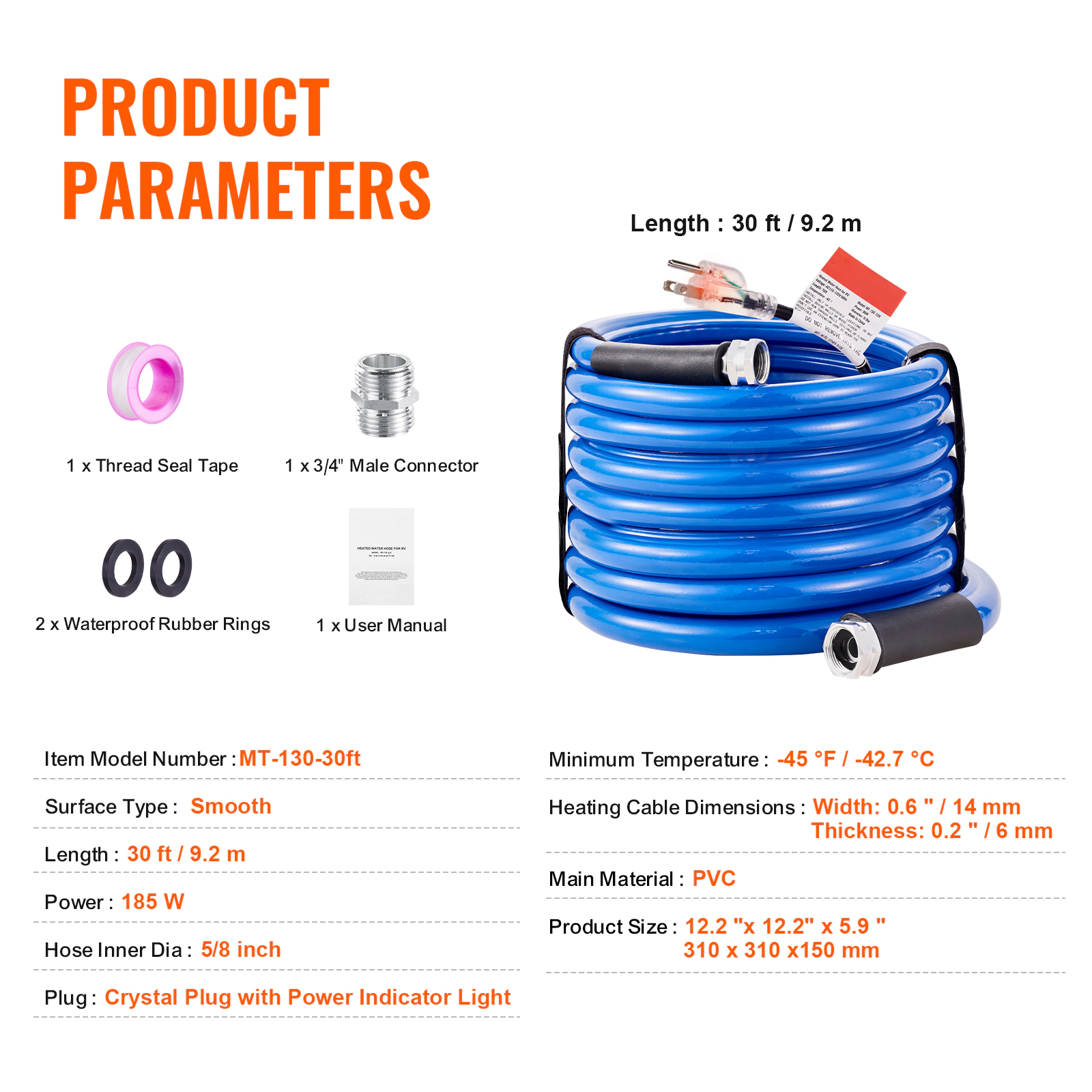 HONGGE 30 ft Heated Water Hose for RV, Freeze-Resistant to -45°F, 5/8 Inch Lead-Free with 3/4 Inch GHT Fitting