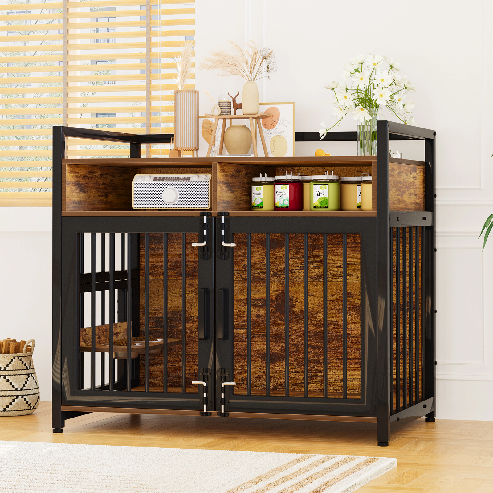41" Large Dog Crate Furniture with 2 Storage Shelves & 360° Adjustable Feeder, Heavy Duty End Table for Medium Dogs