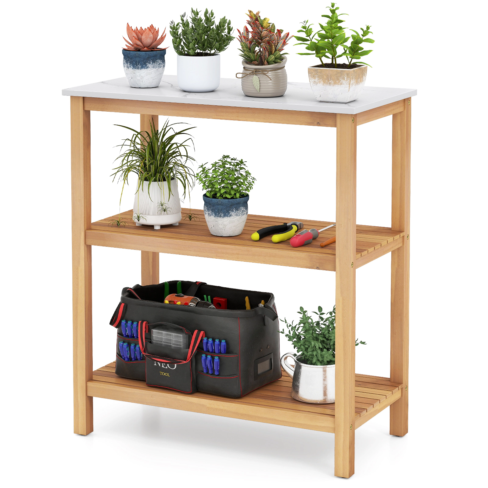 LJG 3-Tier Garden Potting Bench Table with Marble-Like Countertop