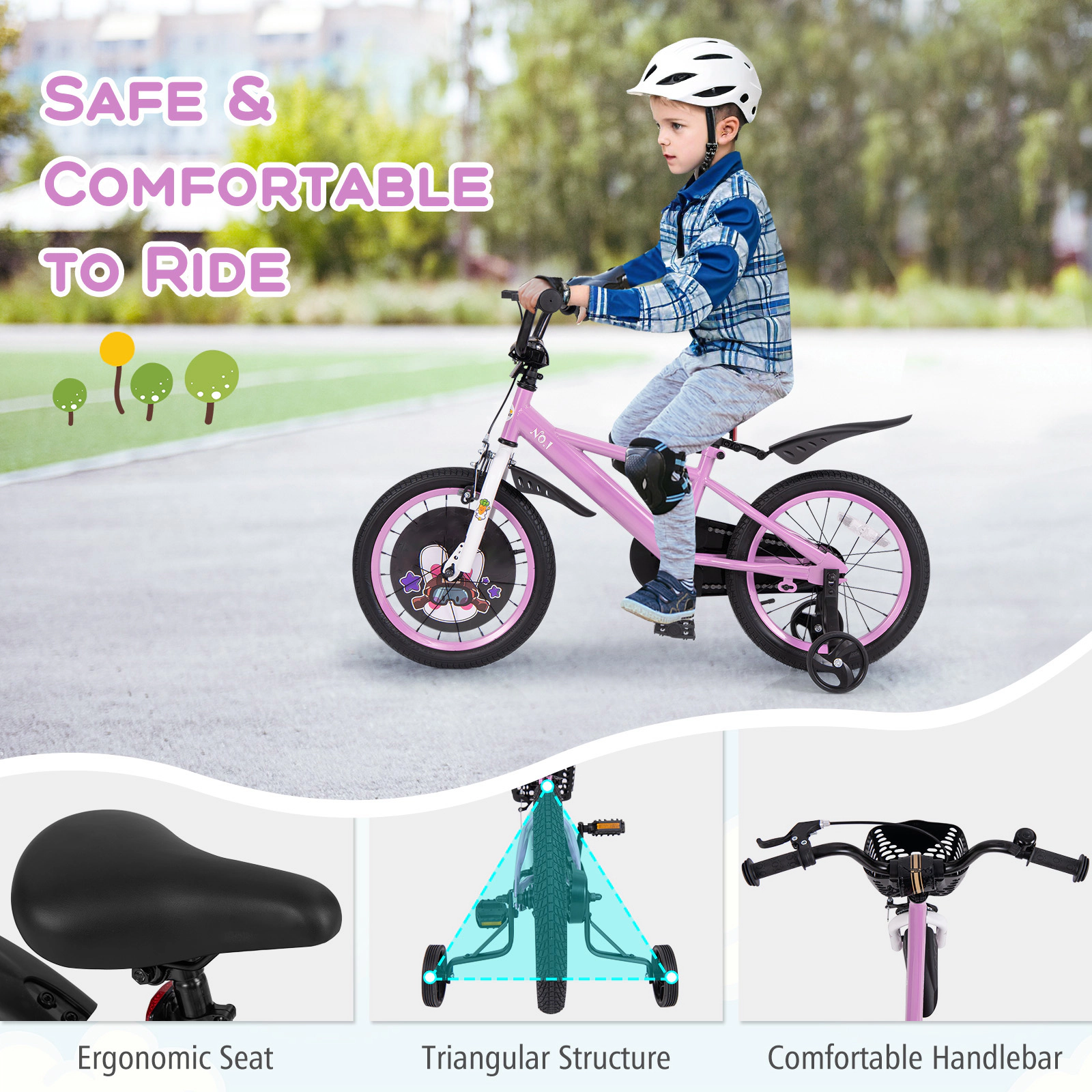 SUGIFT Adjustable 16-Inch Kids Sport Bicycle with Hand and Coaster Brakes 110-lb Seat Capacity Ages 4-7 Purple