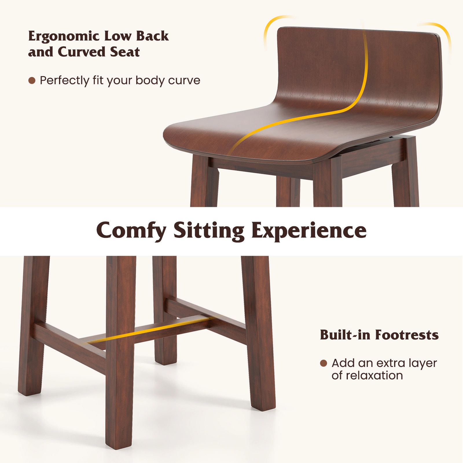 SUGIFT Walnut Swivel Low Back Curved Seat Footrest Set of 2 Dining Chairs