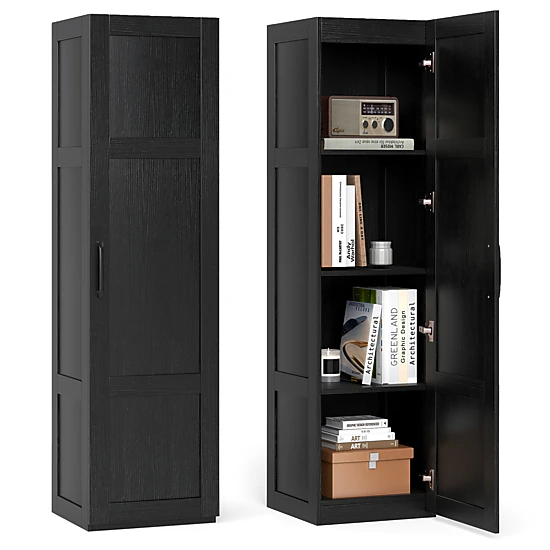 SUGIFT Black 110-lb Capacity 59-in Tall 4-Shelf Narrow Bathroom Storage Cabinet with Soft-Close Hinges