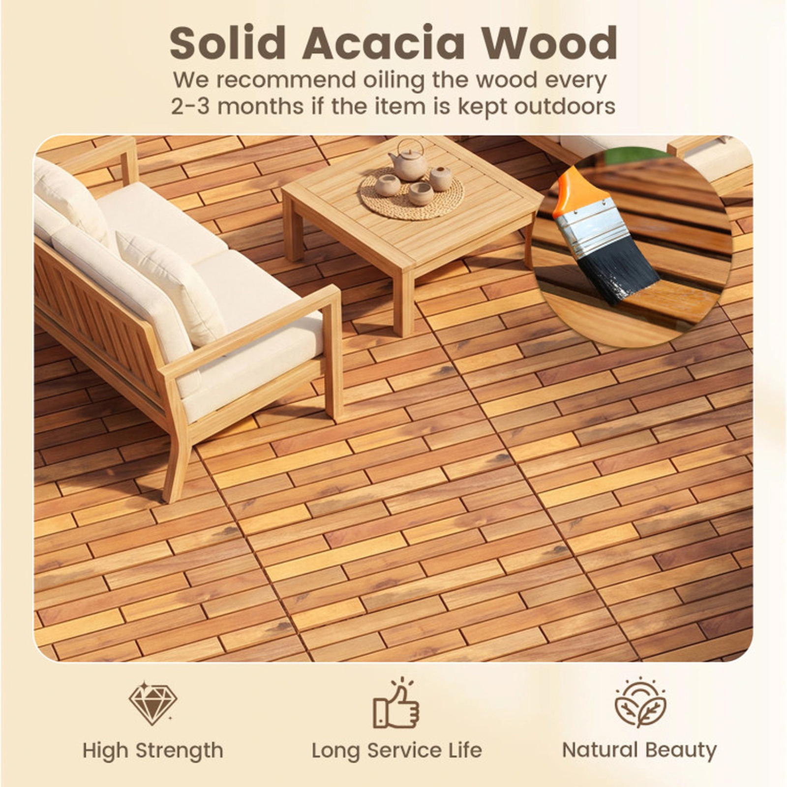 SUGIFT Natural 48-Piece Acacia Wood Deck Tiles with Textured Grain Surface 24-in W 12-in D 500-lb Tile Capacity