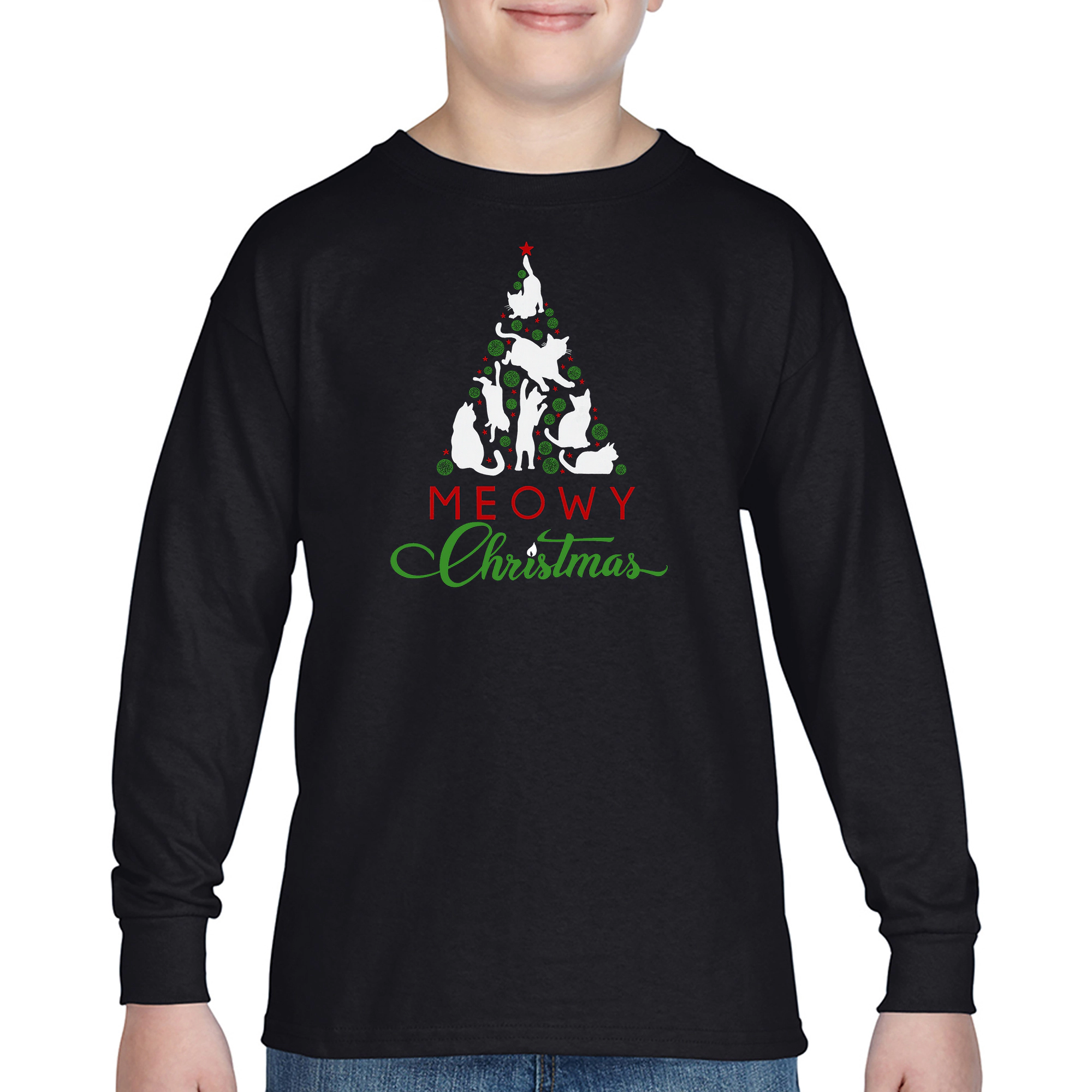 LA Pop Art Boys Long Sleeve T-Shirt - Meowy Christmas Tree