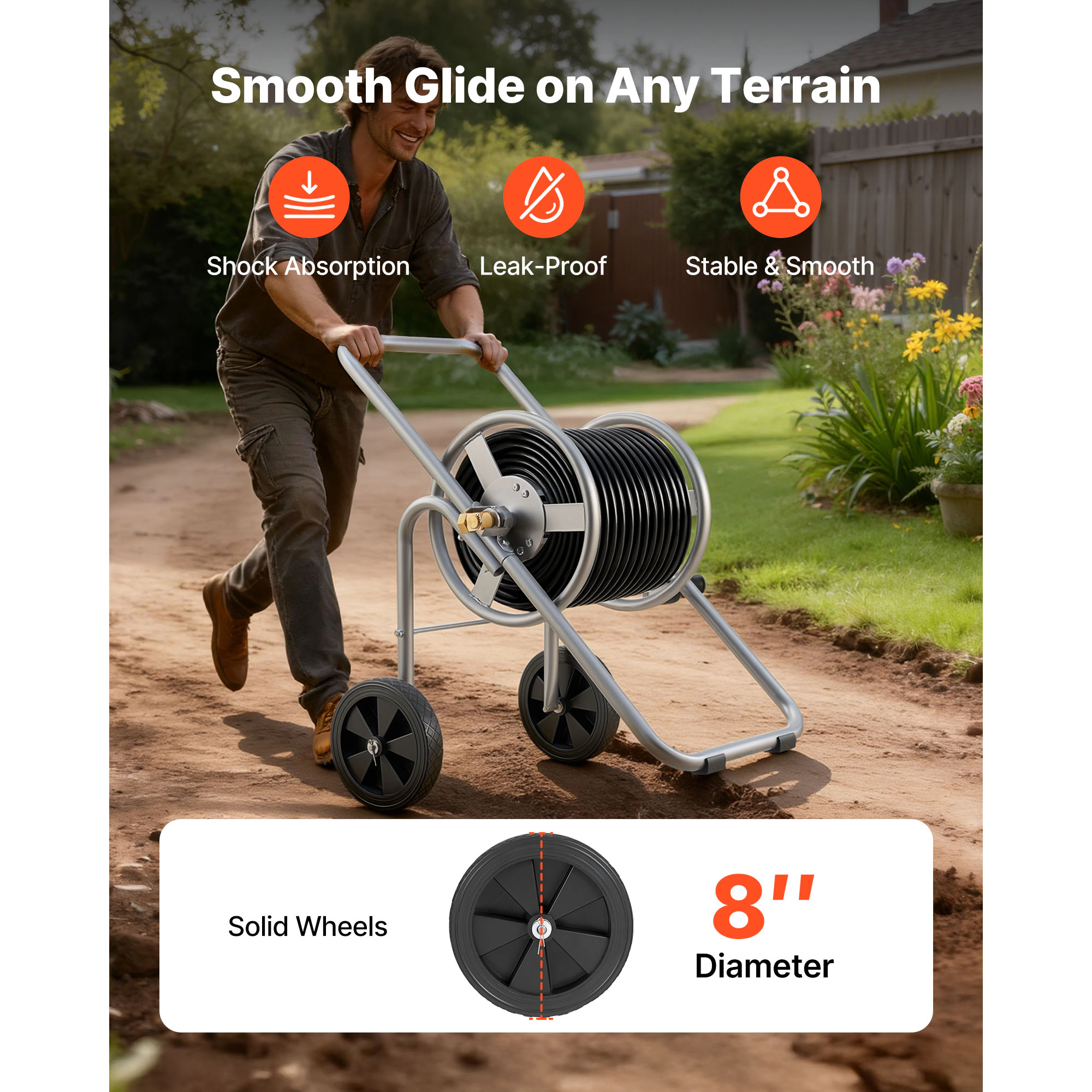 HONGGE Hose Reel Cart Hold of 5/8’’ Hose Garden Water Hose Carts Mobile Tools with 4 Wheels Heavy Duty Powder-coated