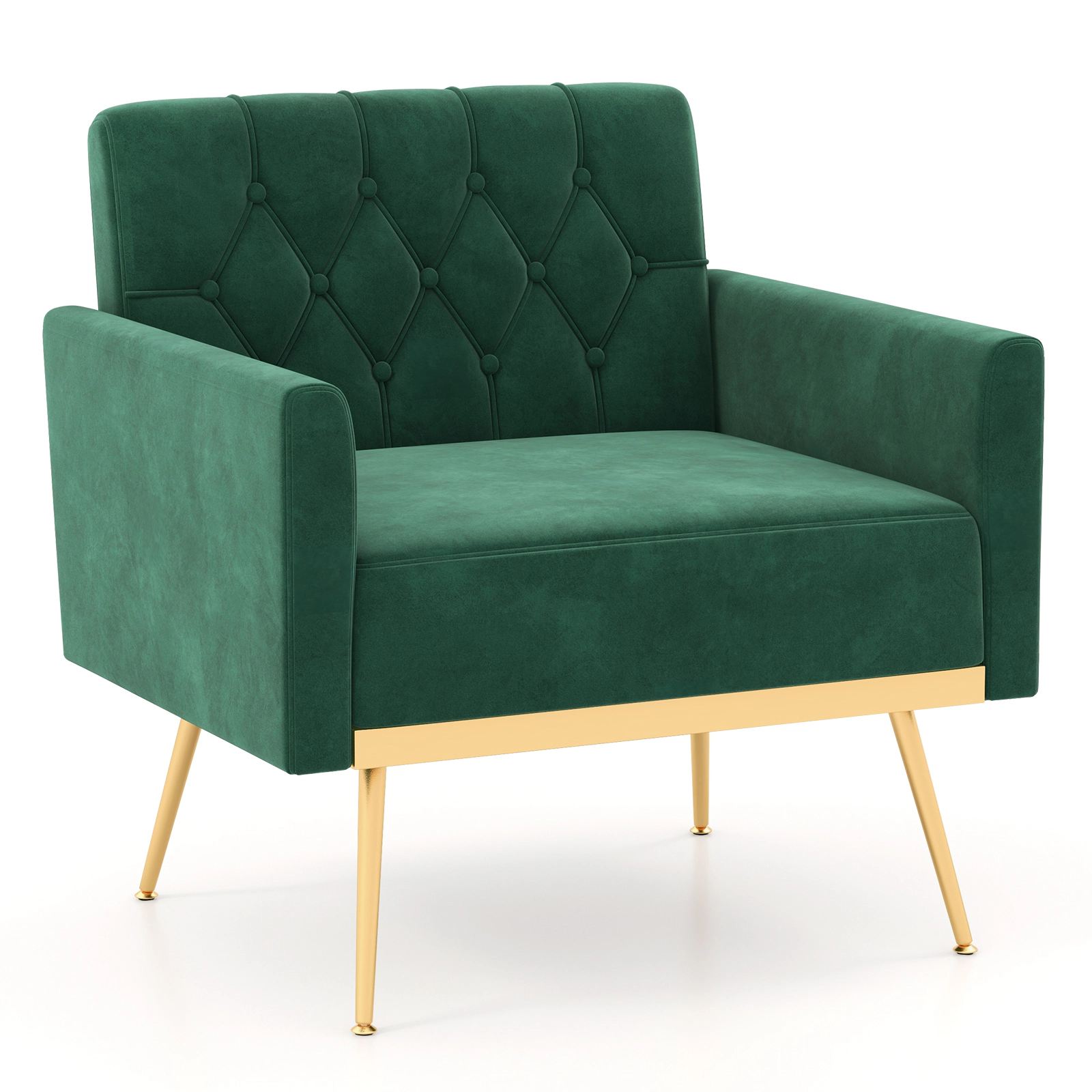 Hivvago Velvet Armchair with Tufted Backrest, Gold-Finished Legs, and Adjustable Foot Supports