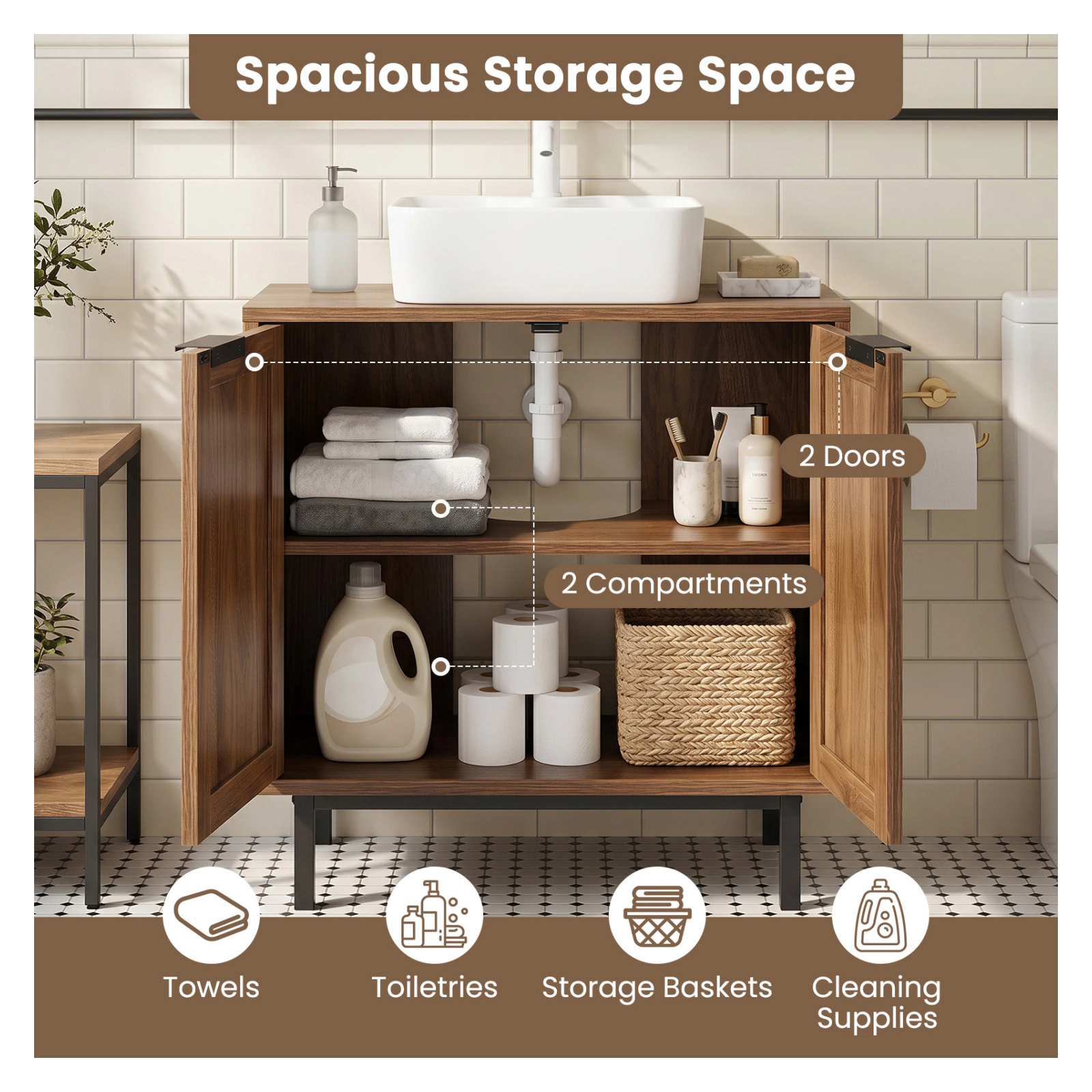 Glintex Bathroom Vanity Cabinet with U-Shaped Cut-Out and 2 Rattan Doors