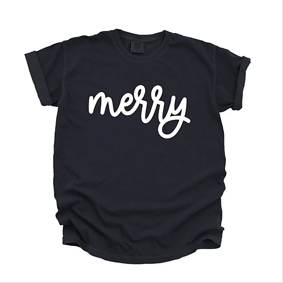 Simply Sage Market - Women's Garment Dyed Graphic T-Shirt - Merry Bold Cursive Puff Print