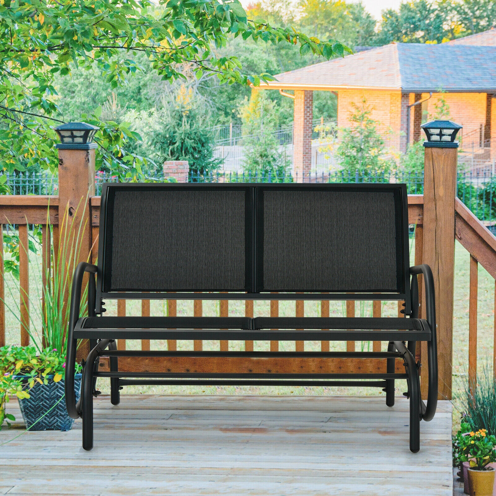 SUGIFT 48.5-in Steel Loveseat Glider Rocking Chair with Curved Back 400-lb Capacity Outdoor Lounge Seat Black