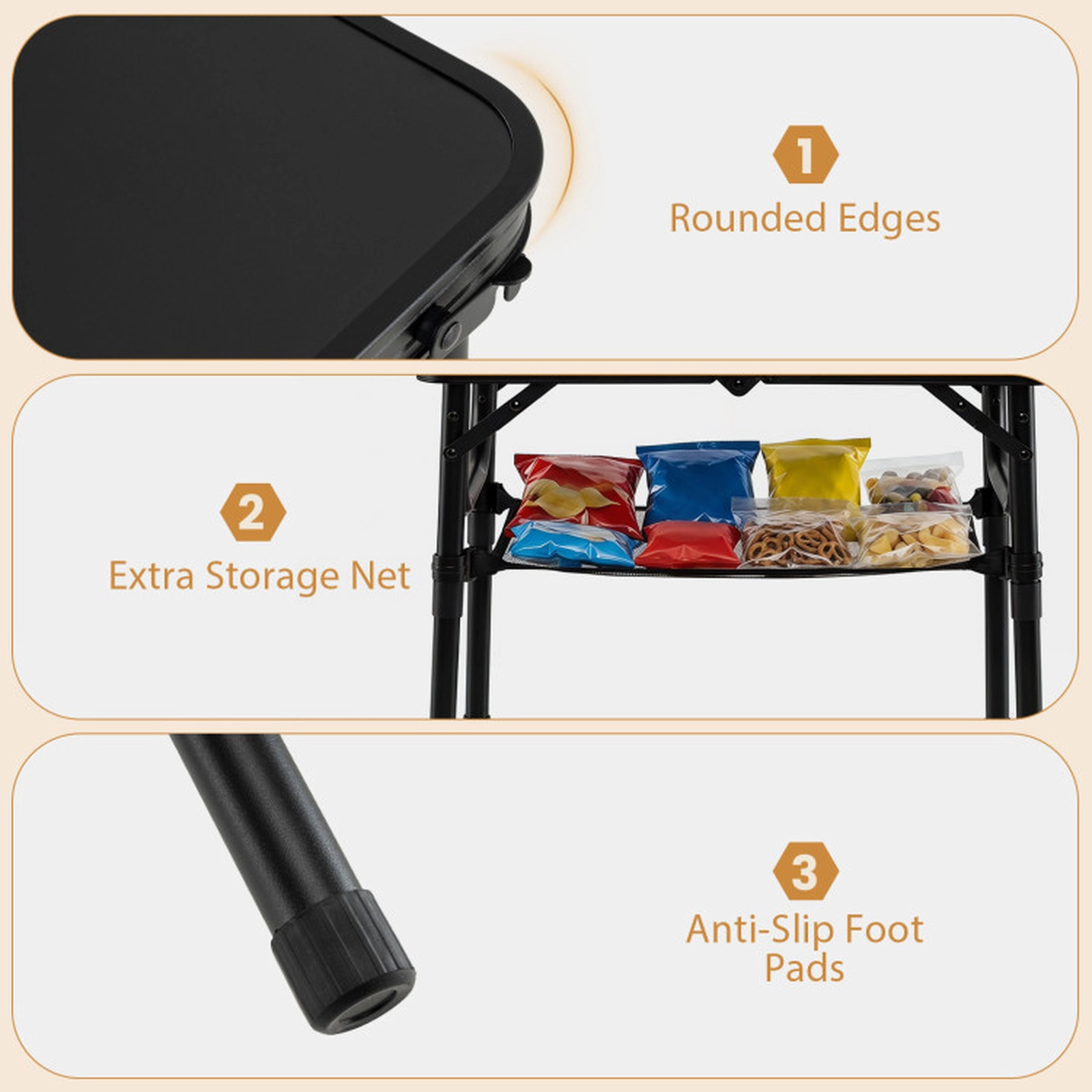 SUGIFT 3-Height Folding Camping Table with Large Storage Net & Handle 110-lb Capacity Black