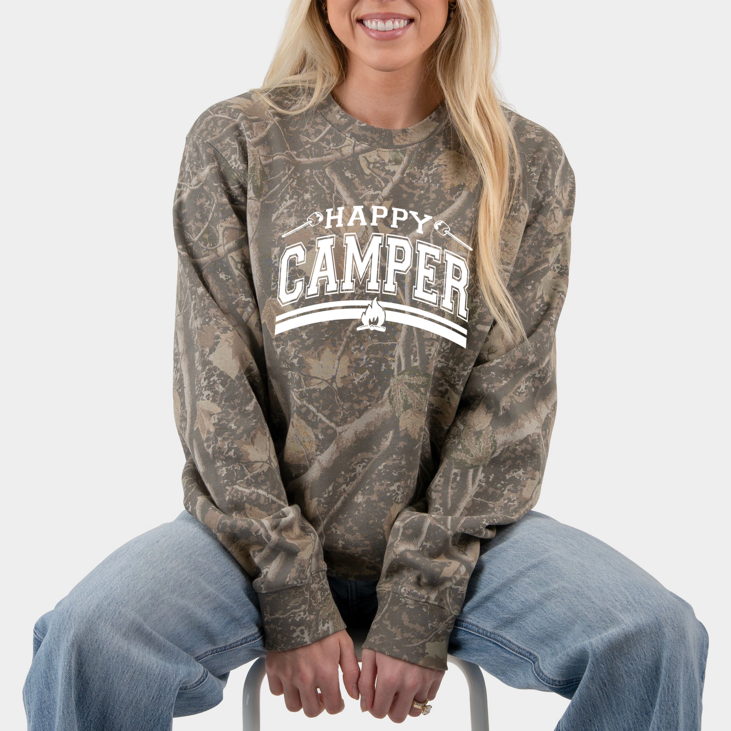 Simply Sage Market - Happy Camper Fire Women's Camo Sweatshirt
