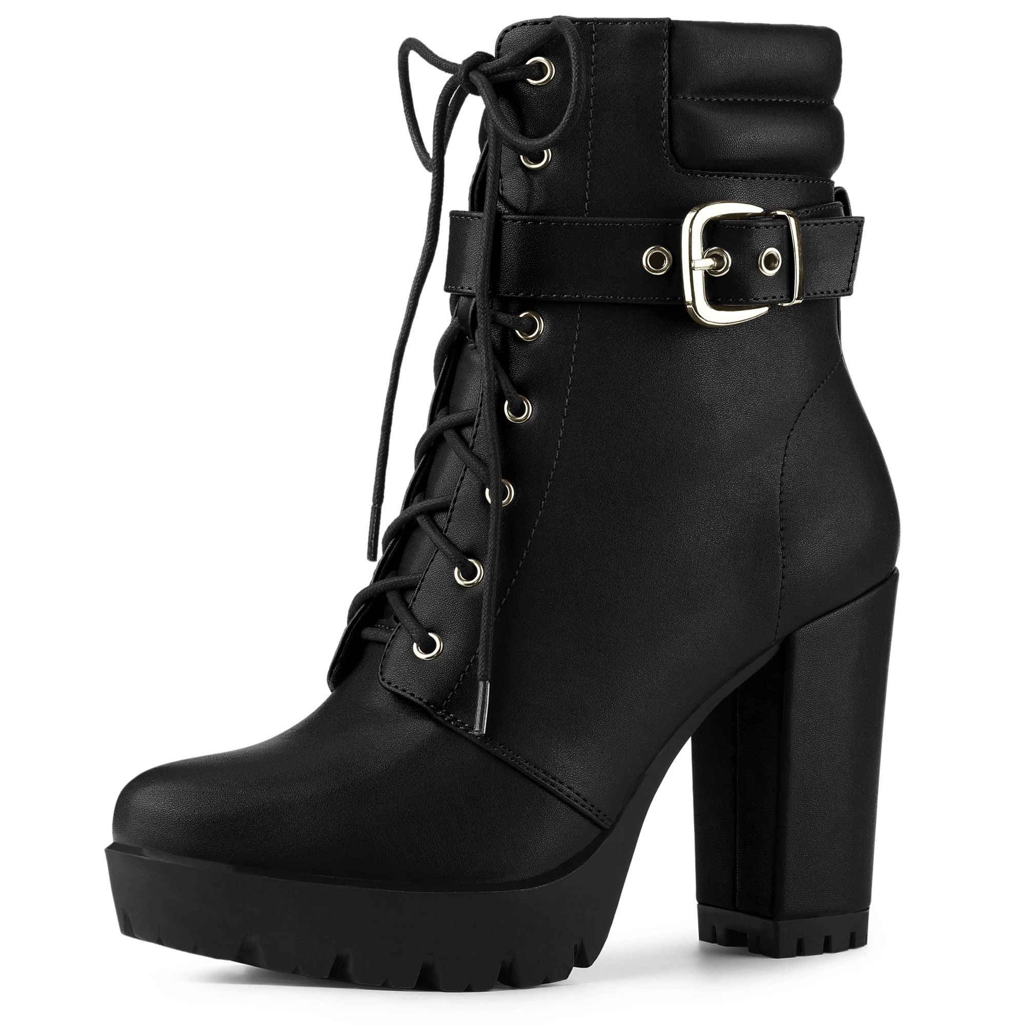 BLISSFUL STEP Women's Platform Ankle Boots Lace Up Block Heels Combat