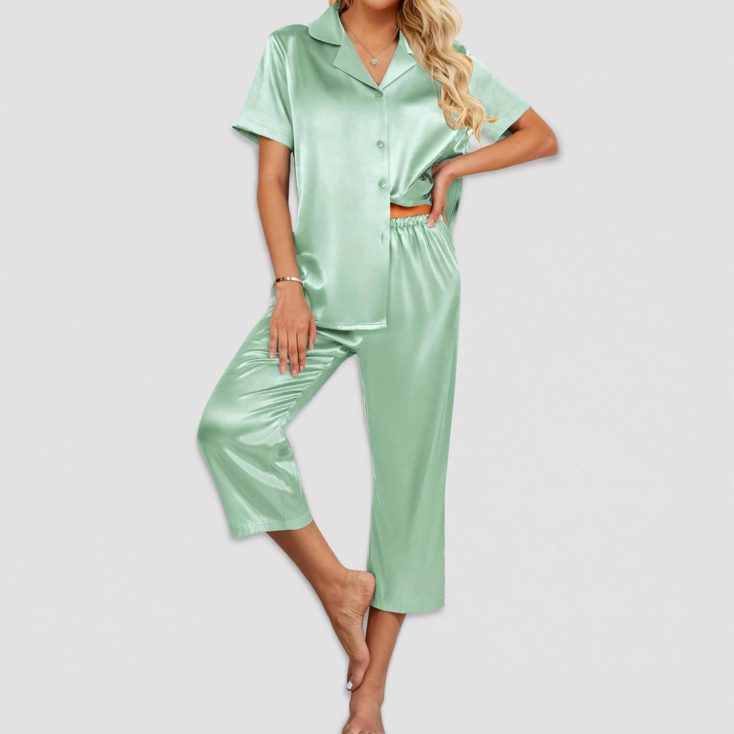 Ekouaer Womens Satin Pajamas Capri Pjs 2 Piece Lounge Sets Short Sleeve Button Down Sleepwear