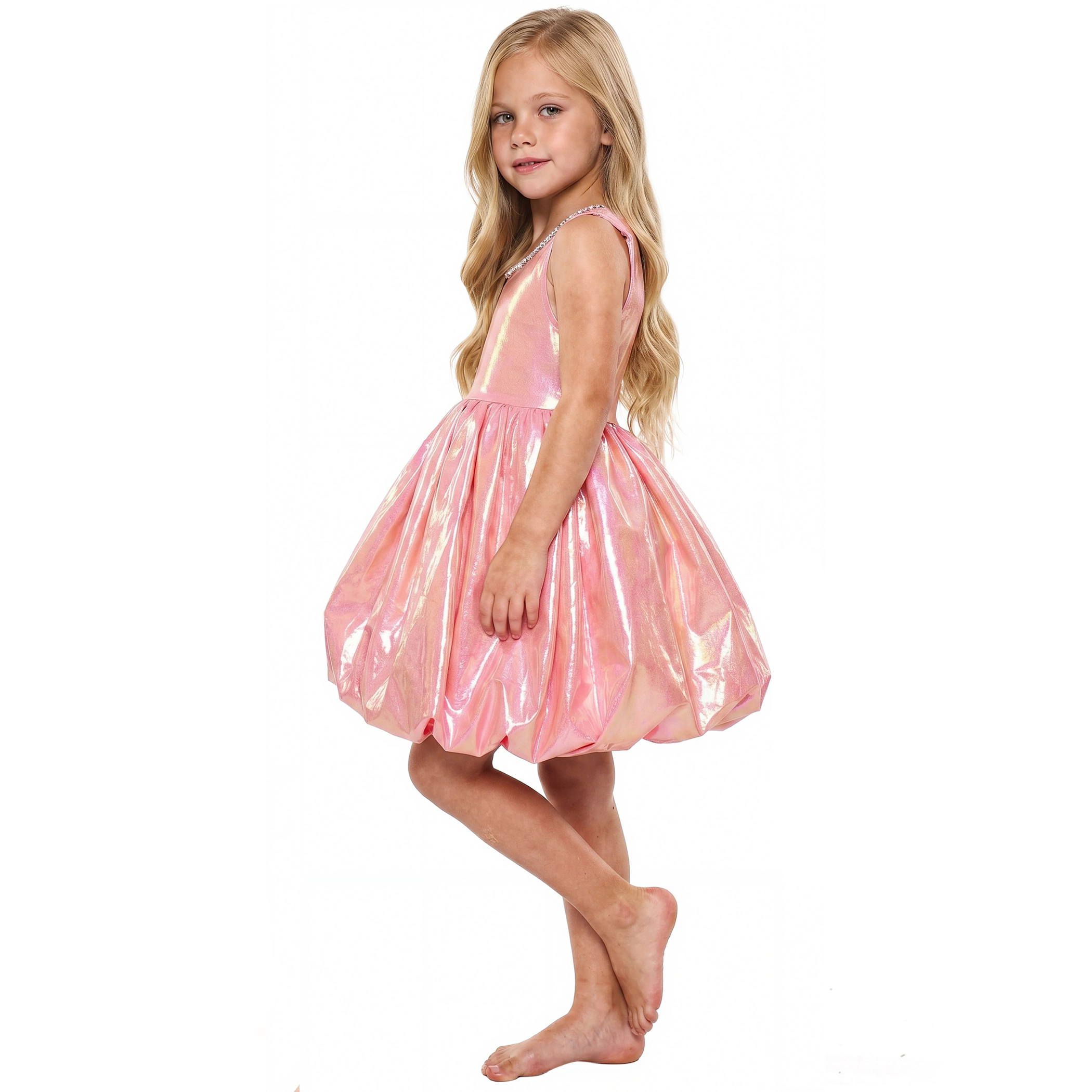 2Bunnies Girls 4T-10Y Iridescent Metallic Bubble Hem Sequin Neckline Party Dress
