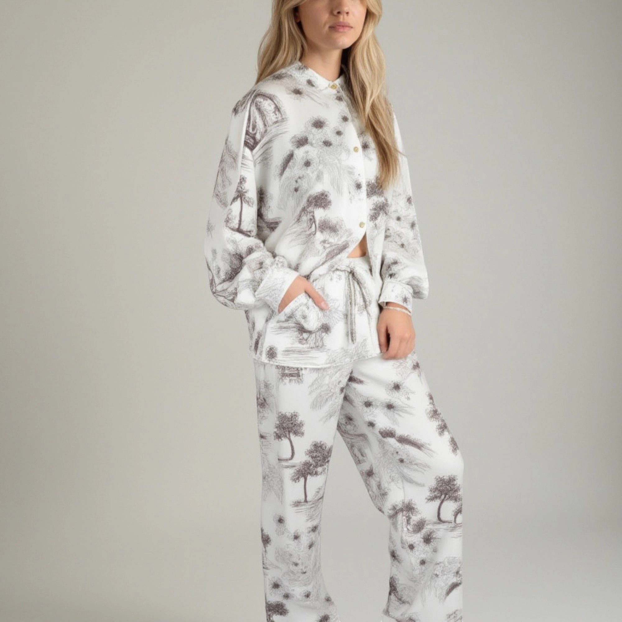 Anna-Kaci Women's Toile Print Button Up Pajama Set with Long Sleeve Top and Elastic Waist Drawstring Pants