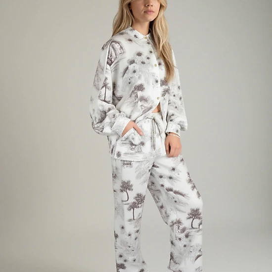 Anna-Kaci Women's Toile Print Button Up Pajama Set with Long Sleeve Top and Elastic Waist Drawstring Pants