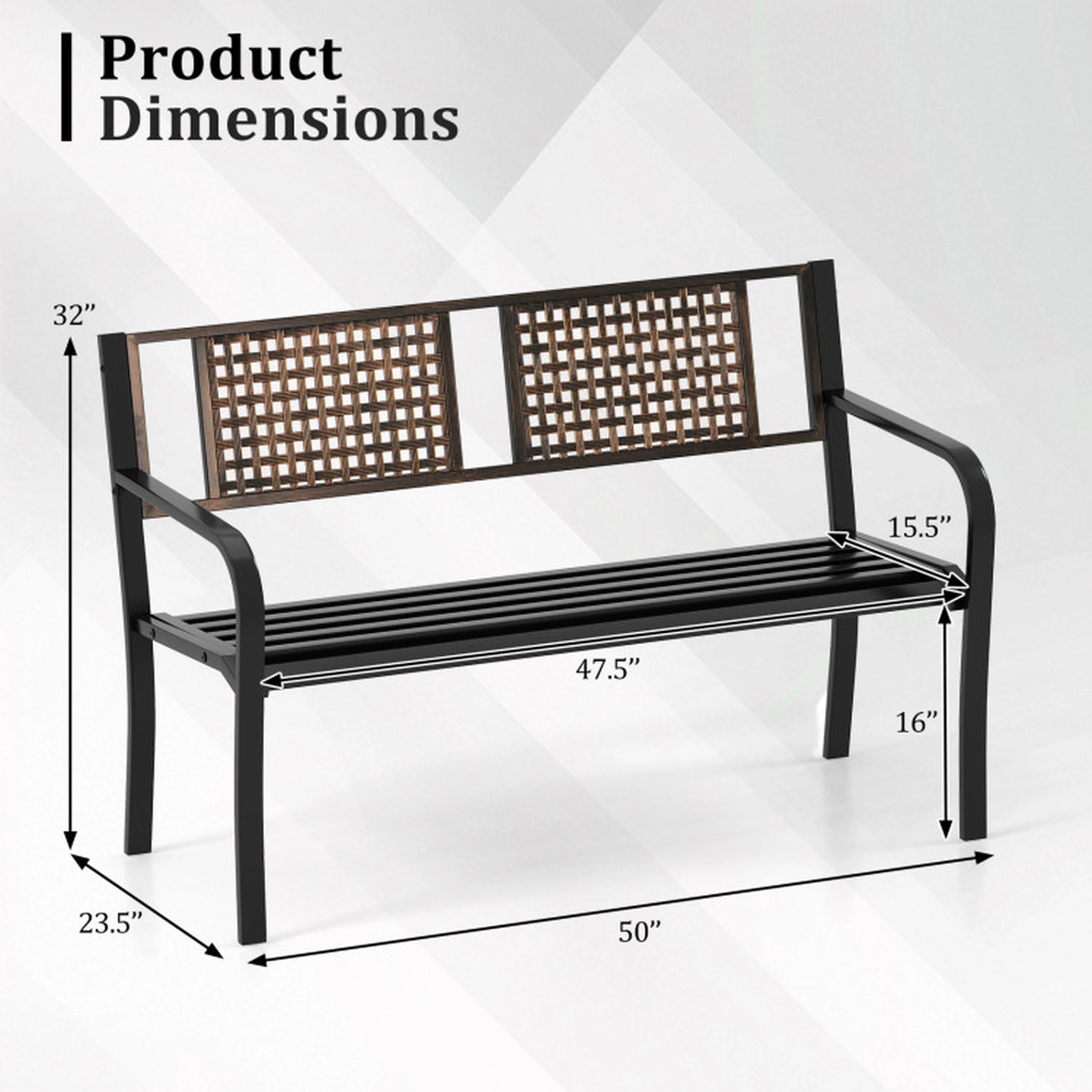 SUGIFT Black Rattan-Like Backrest for 2-3 People 50 Inch Outdoor Metal Garden Bench