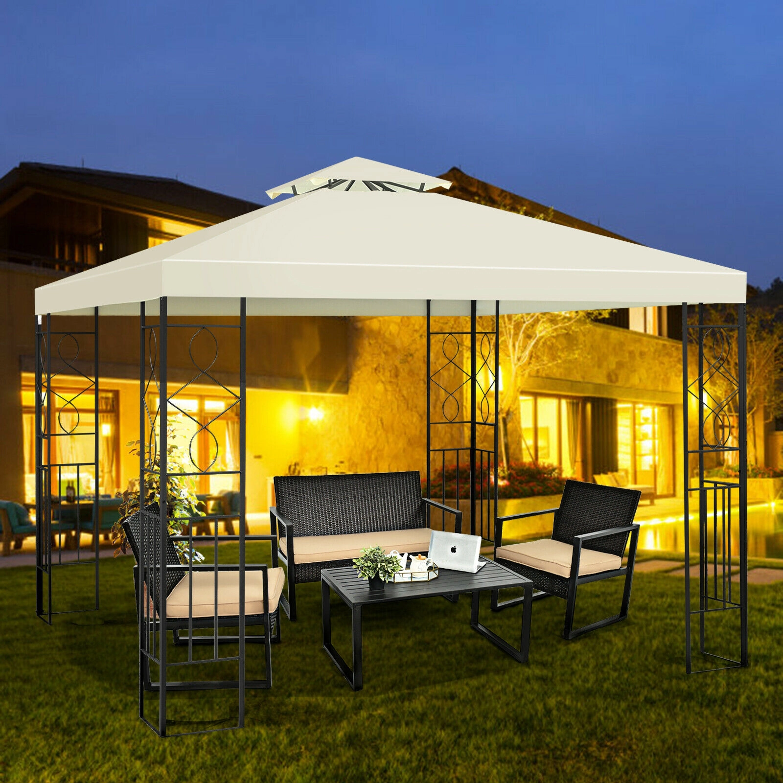 SUGIFT 2-Tier 10 x 10Patio Gazebo Canopy Tent with Steel Frame and Polyester Fabric