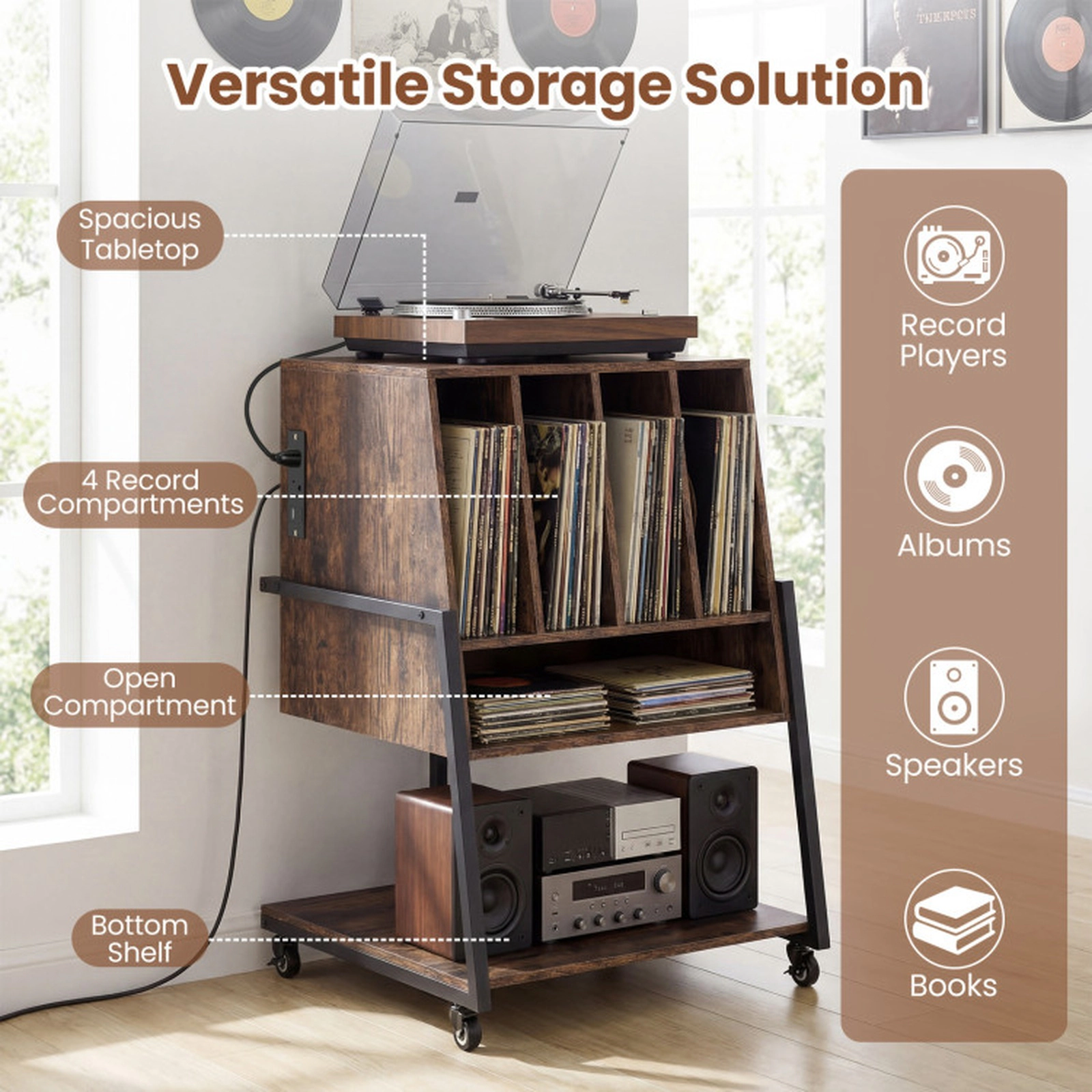 SUGIFT Rustic Brown Rolling Turntable Stand with Vinyl Storage, Power Outlets and USB Charging