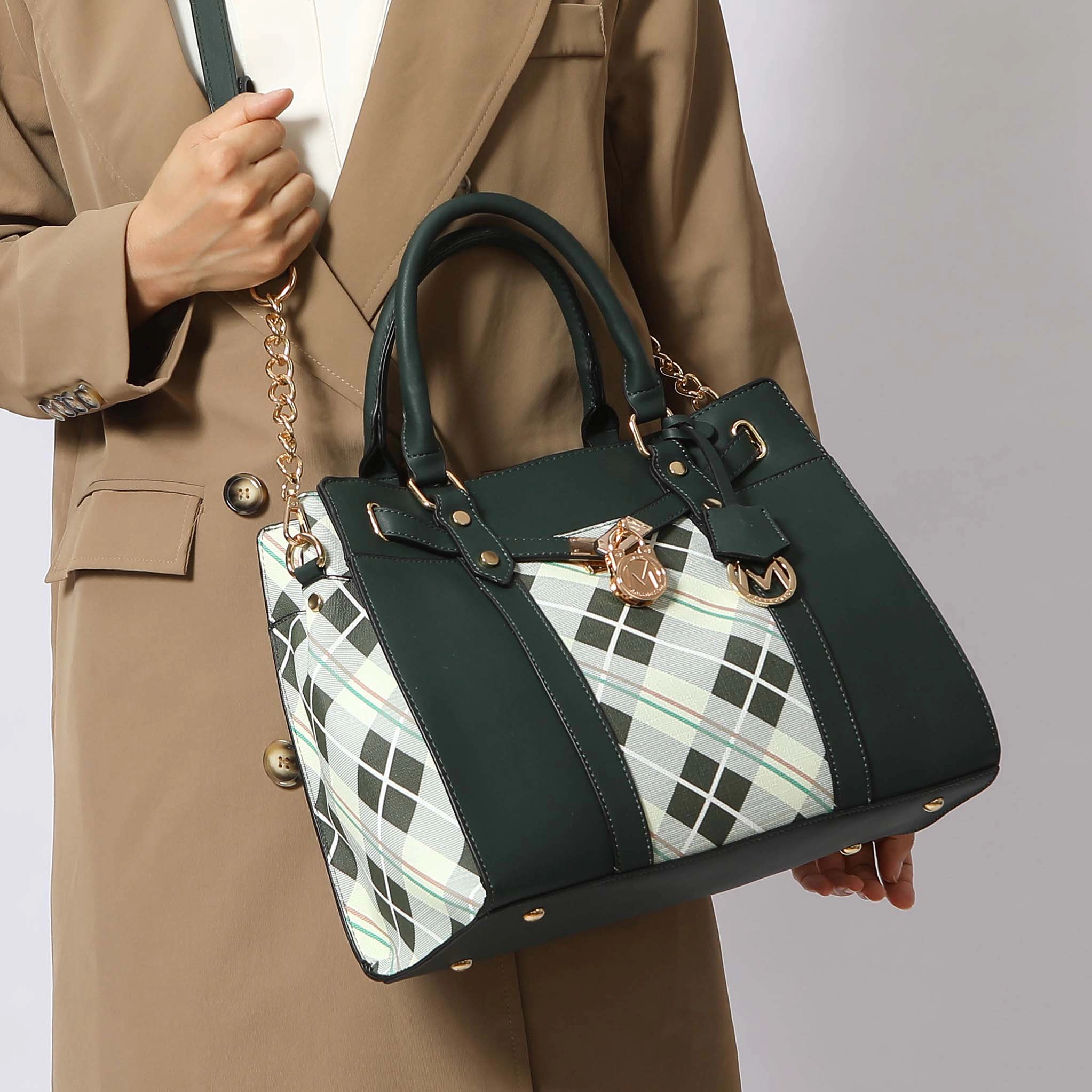 MKF Collection by Mia K Christine Plaid Vegan Leather Satchel with Wristlet Wallet, Olive