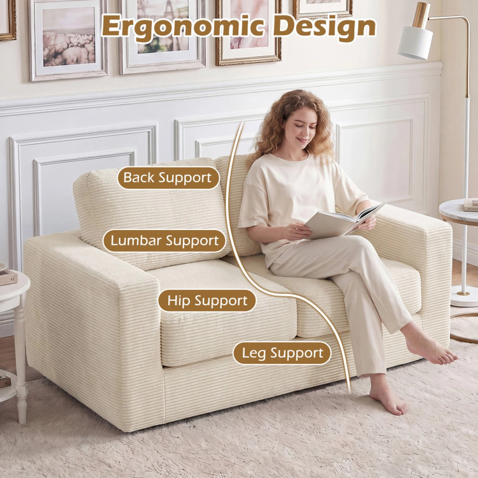 SUGIFT Beige Removable Corduroy Cover 2-Seater Floor Couch Loveseat Foam Sofa