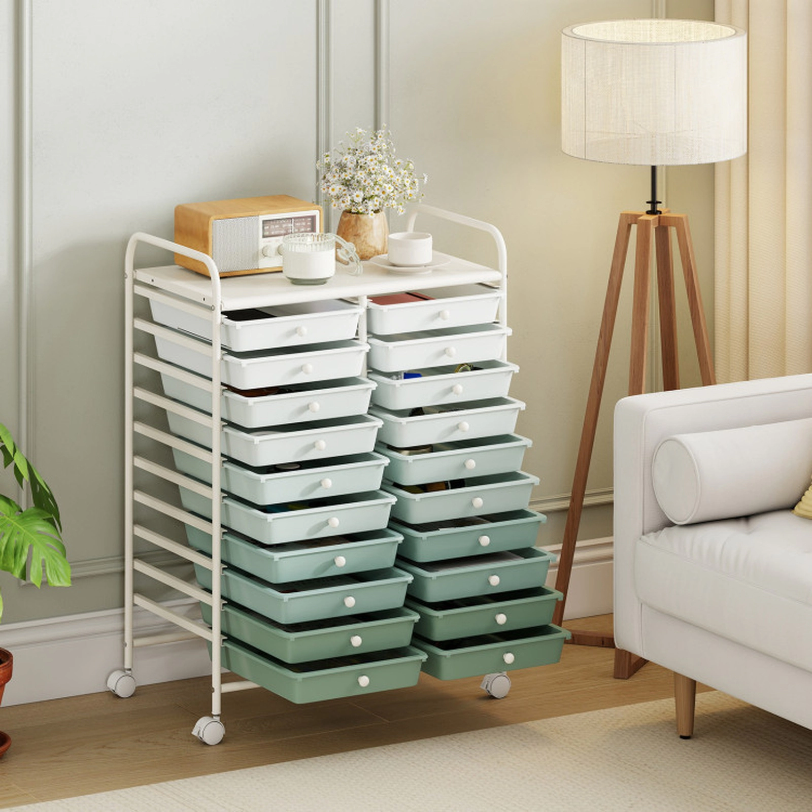 SUGIFT 20-Drawer 25 x 15 x 34-in White Frame Rolling Storage Cart Organizer with 4 Wheels and 2 Handles